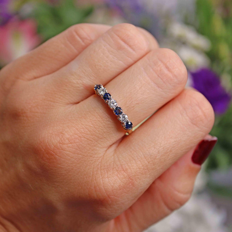 Ellibelle Jewellery Vintage 1986 Sapphire & Diamond 18ct Gold Half-Eternity Band Ring