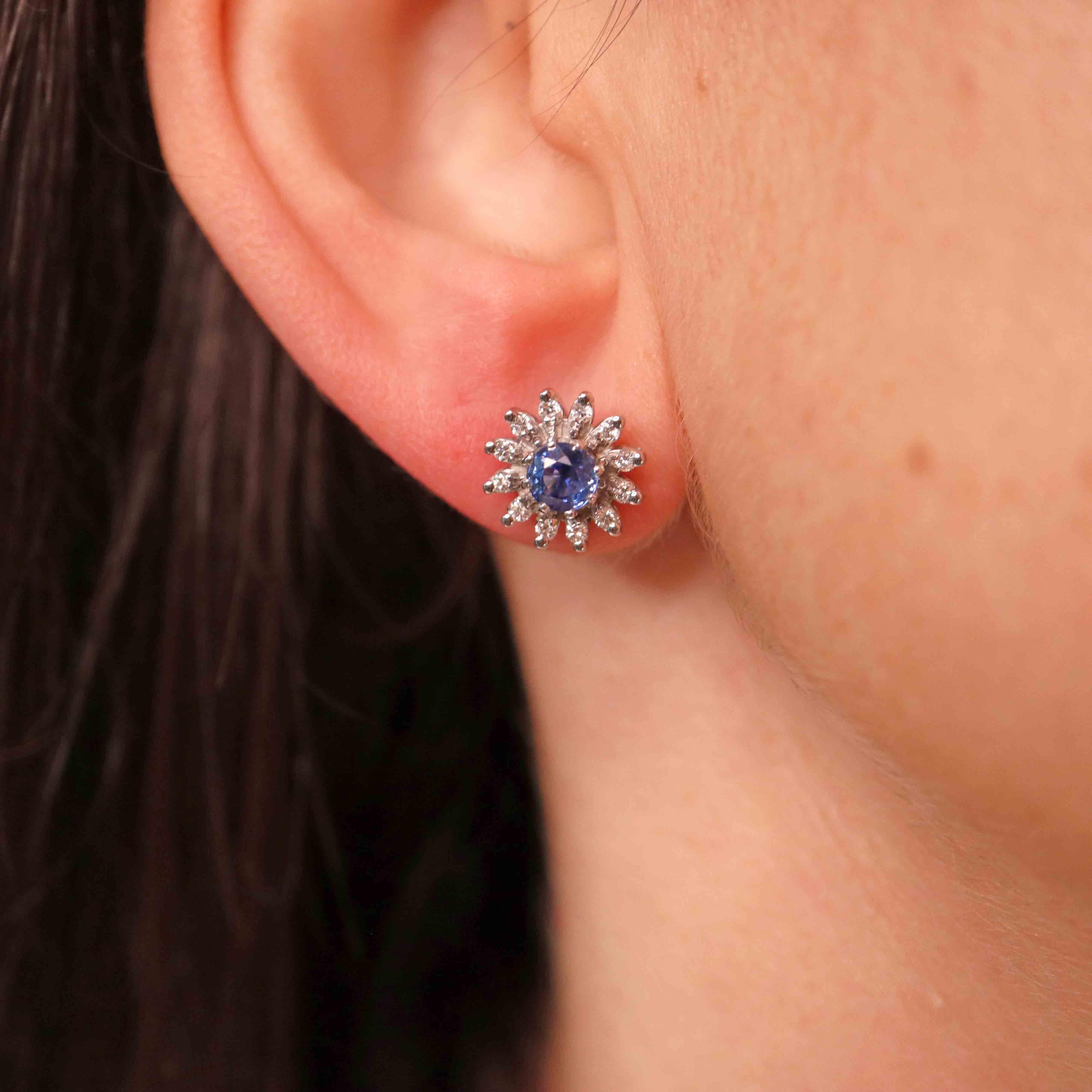 Ellibelle Jewellery Vintage 1986 Sapphire & Diamond 18ct White Gold Flower Cluster Stud Earrings