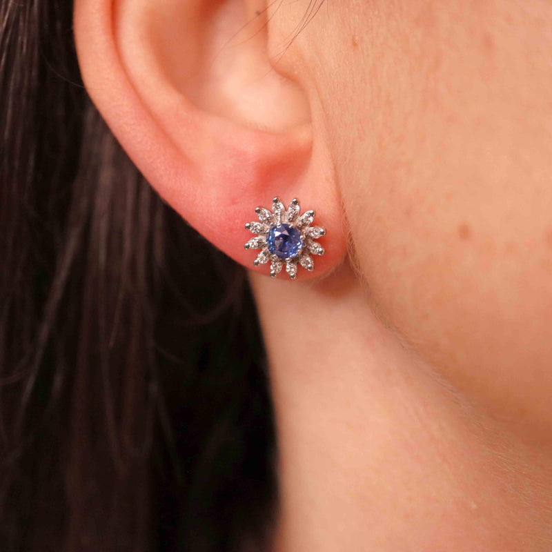 Ellibelle Jewellery Vintage 1986 Sapphire & Diamond 18ct White Gold Flower Cluster Stud Earrings