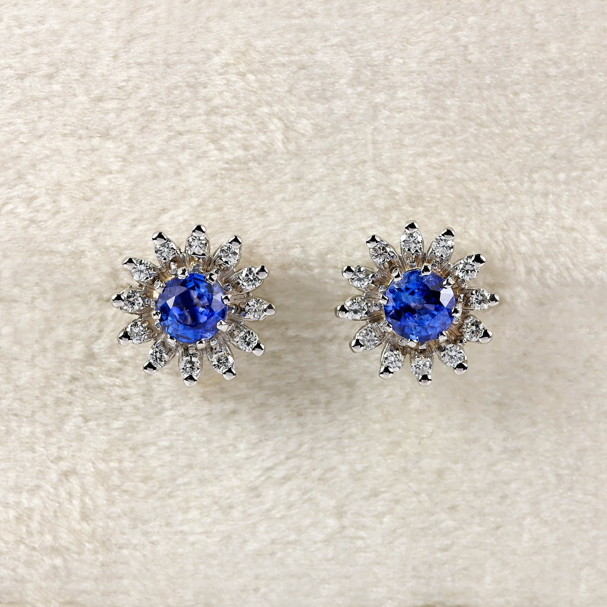 Ellibelle Jewellery Vintage 1986 Sapphire & Diamond 18ct White Gold Flower Cluster Stud Earrings