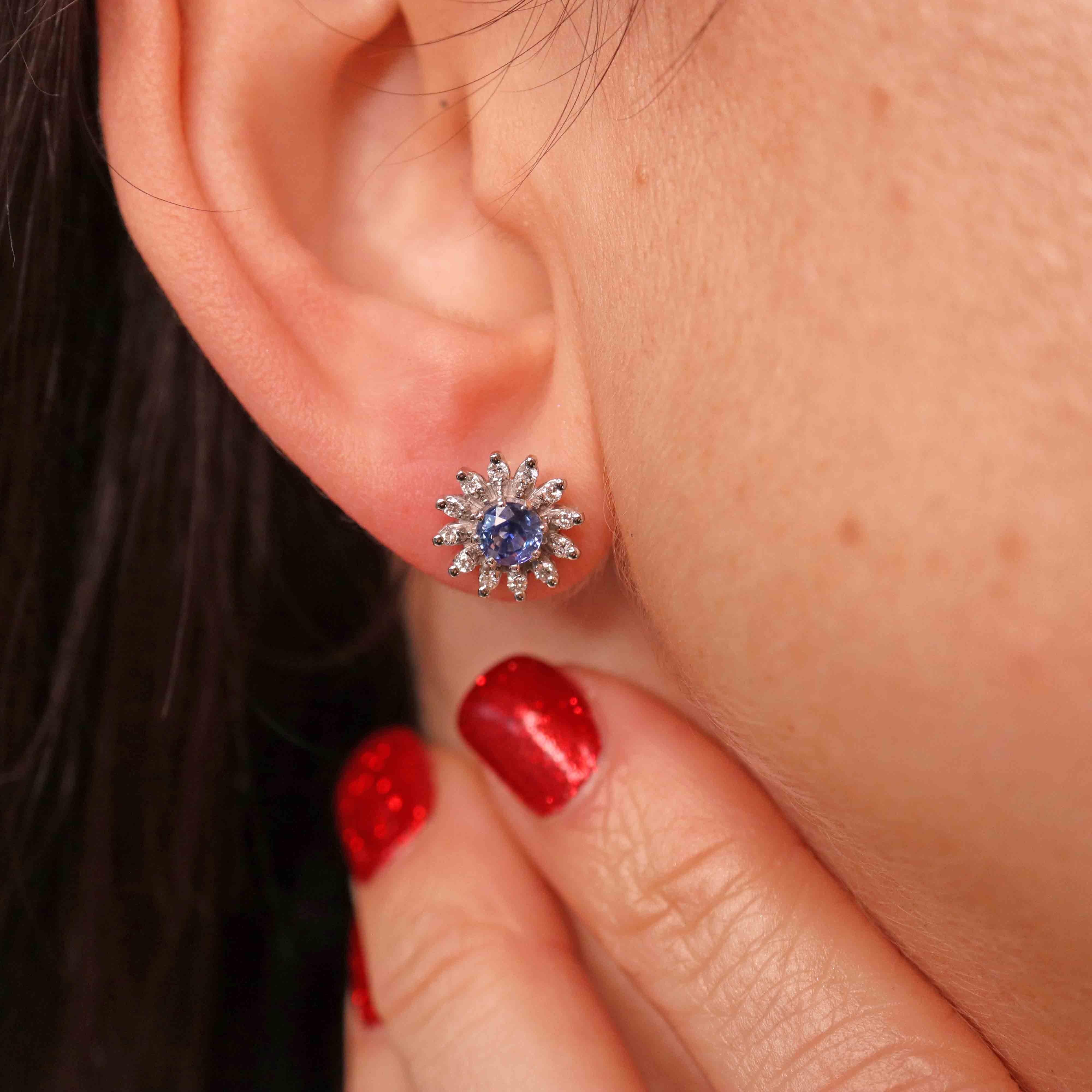 Ellibelle Jewellery Vintage 1986 Sapphire & Diamond 18ct White Gold Flower Cluster Stud Earrings