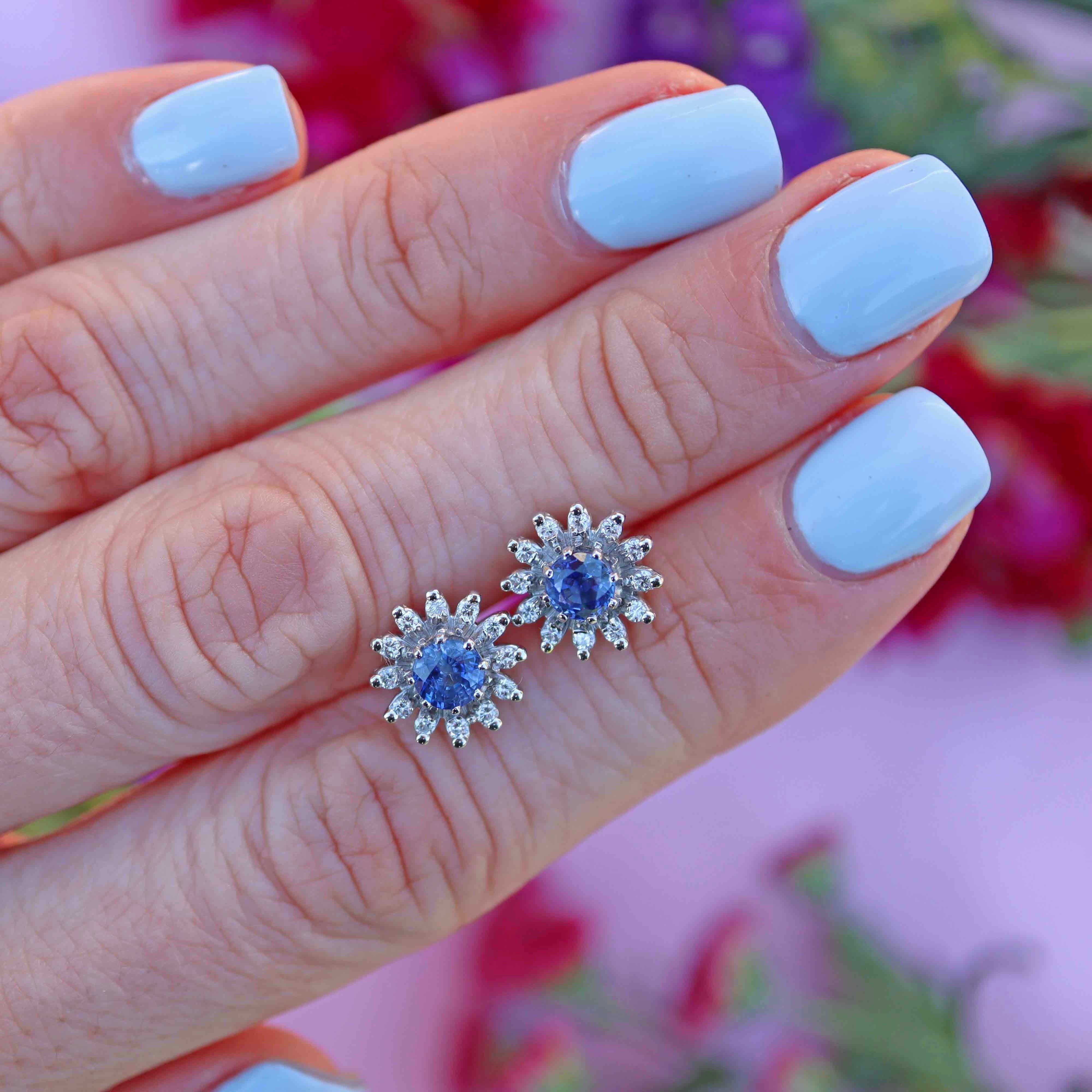 Ellibelle Jewellery Vintage 1986 Sapphire & Diamond 18ct White Gold Flower Cluster Stud Earrings