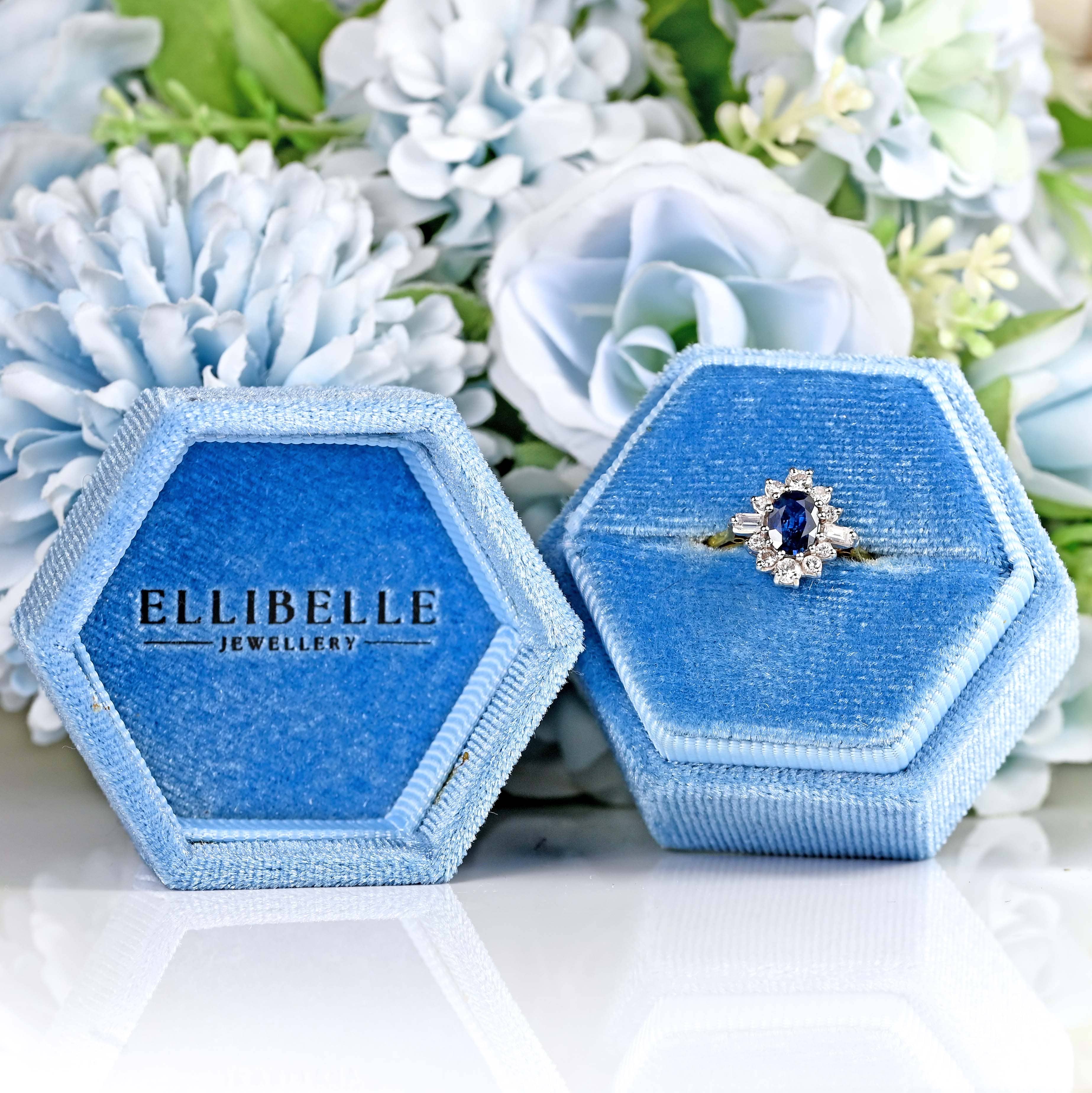 Ellibelle Jewellery Vintage 1986 Sapphire & Vari-Cut Diamond 18ct Gold Cluster Ring