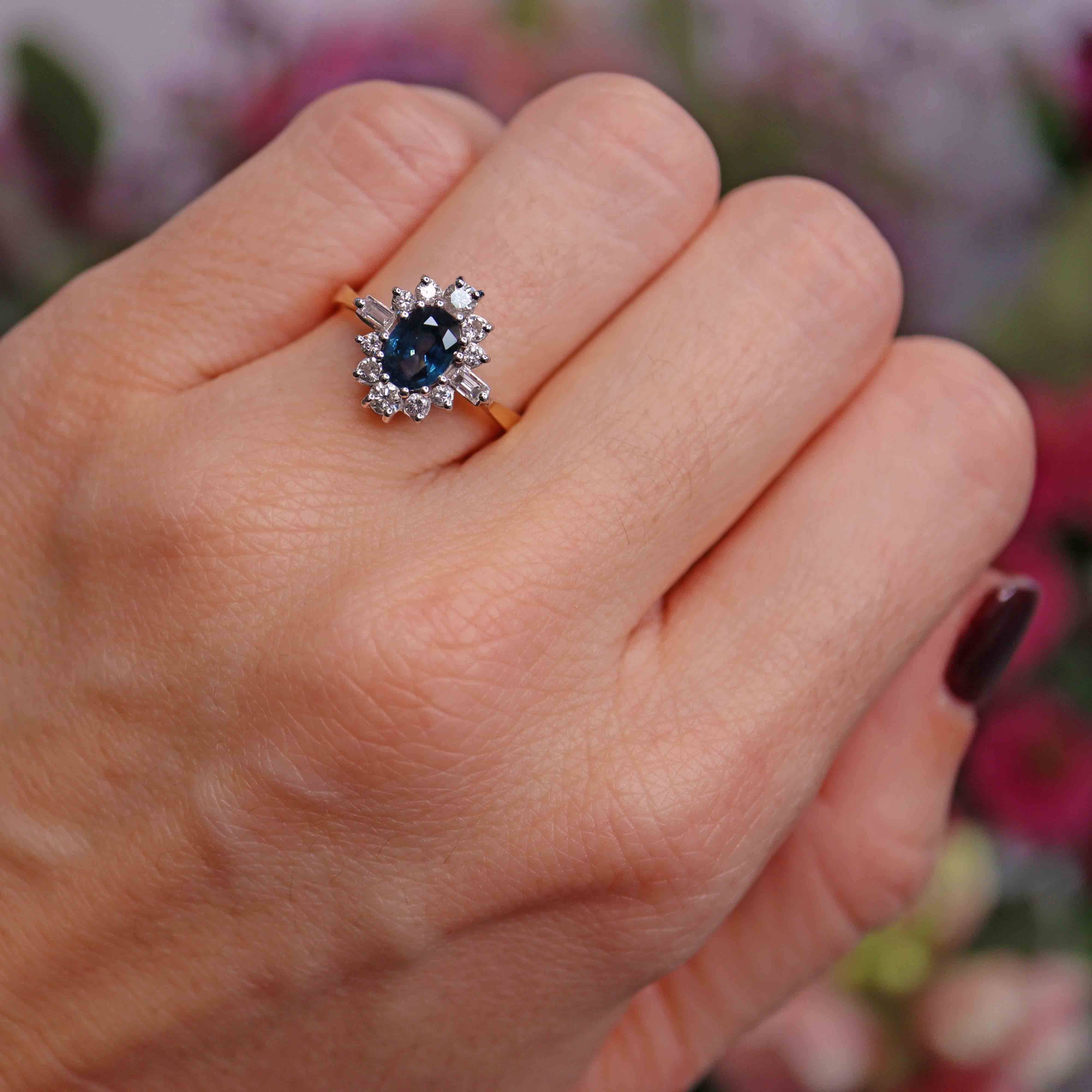 Ellibelle Jewellery Vintage 1986 Sapphire & Vari-Cut Diamond 18ct Gold Cluster Ring