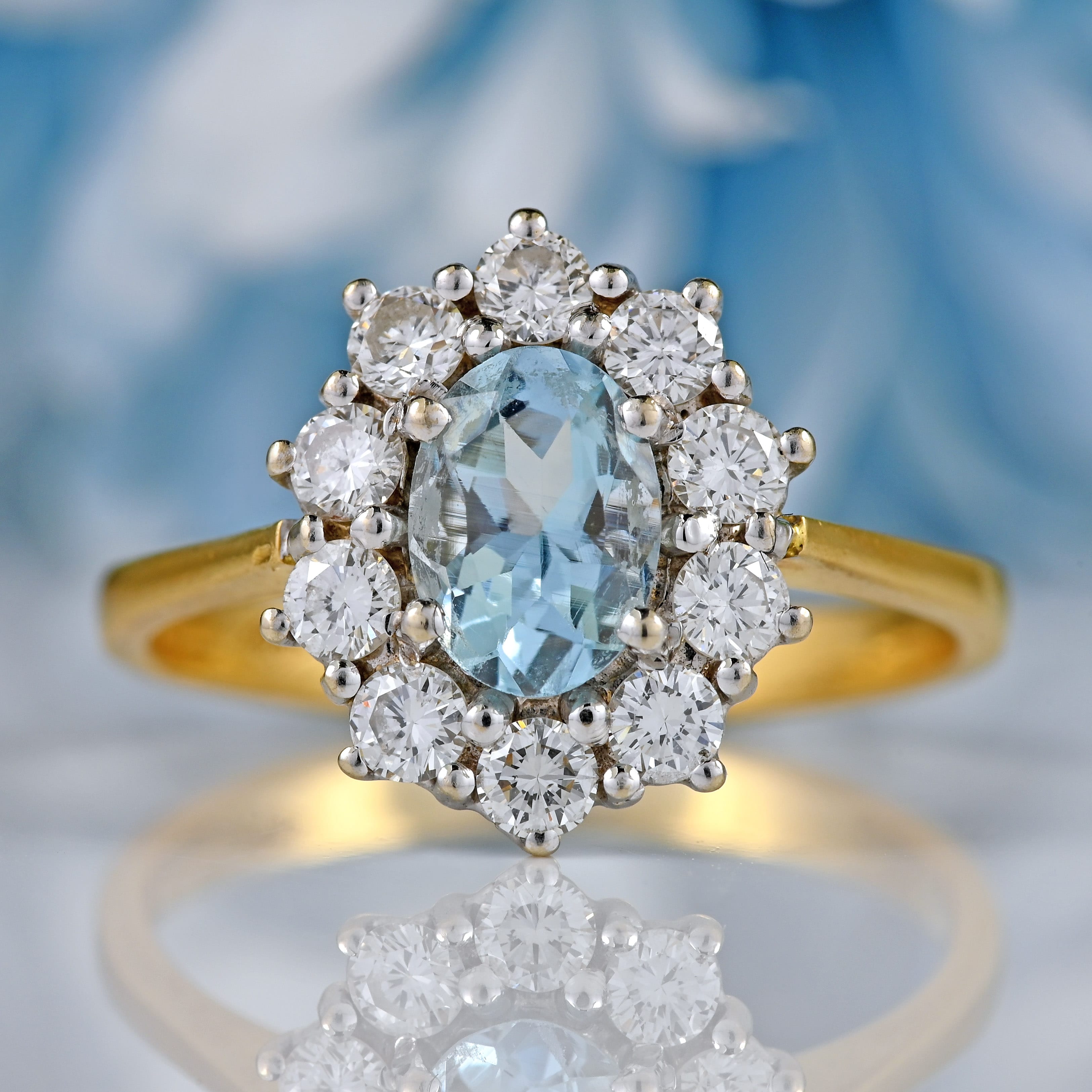 Ellibelle Jewellery Vintage 1987 Aquamarine & Diamond 18ct Gold Cluster Ring