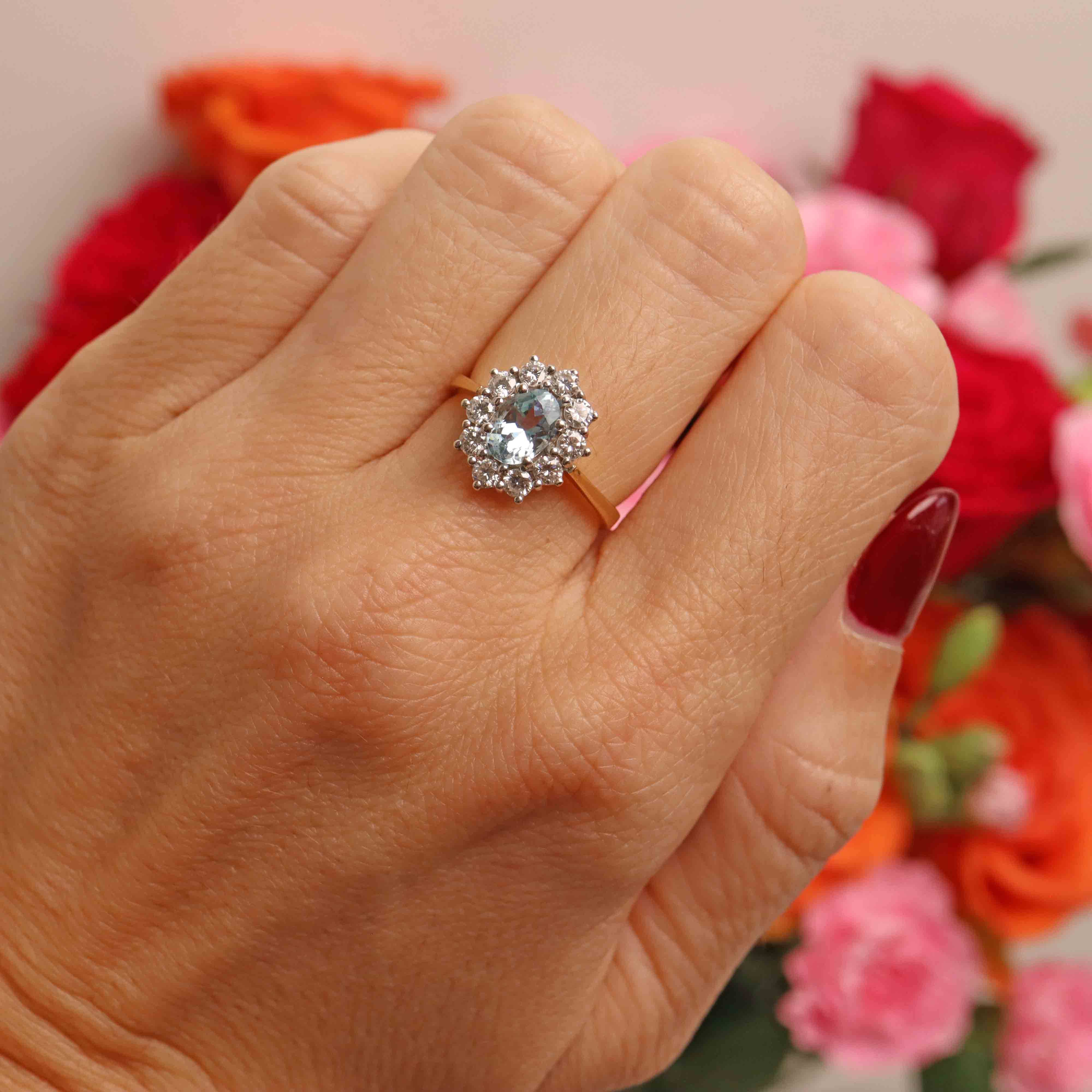 Ellibelle Jewellery Vintage 1987 Aquamarine & Diamond 18ct Gold Cluster Ring