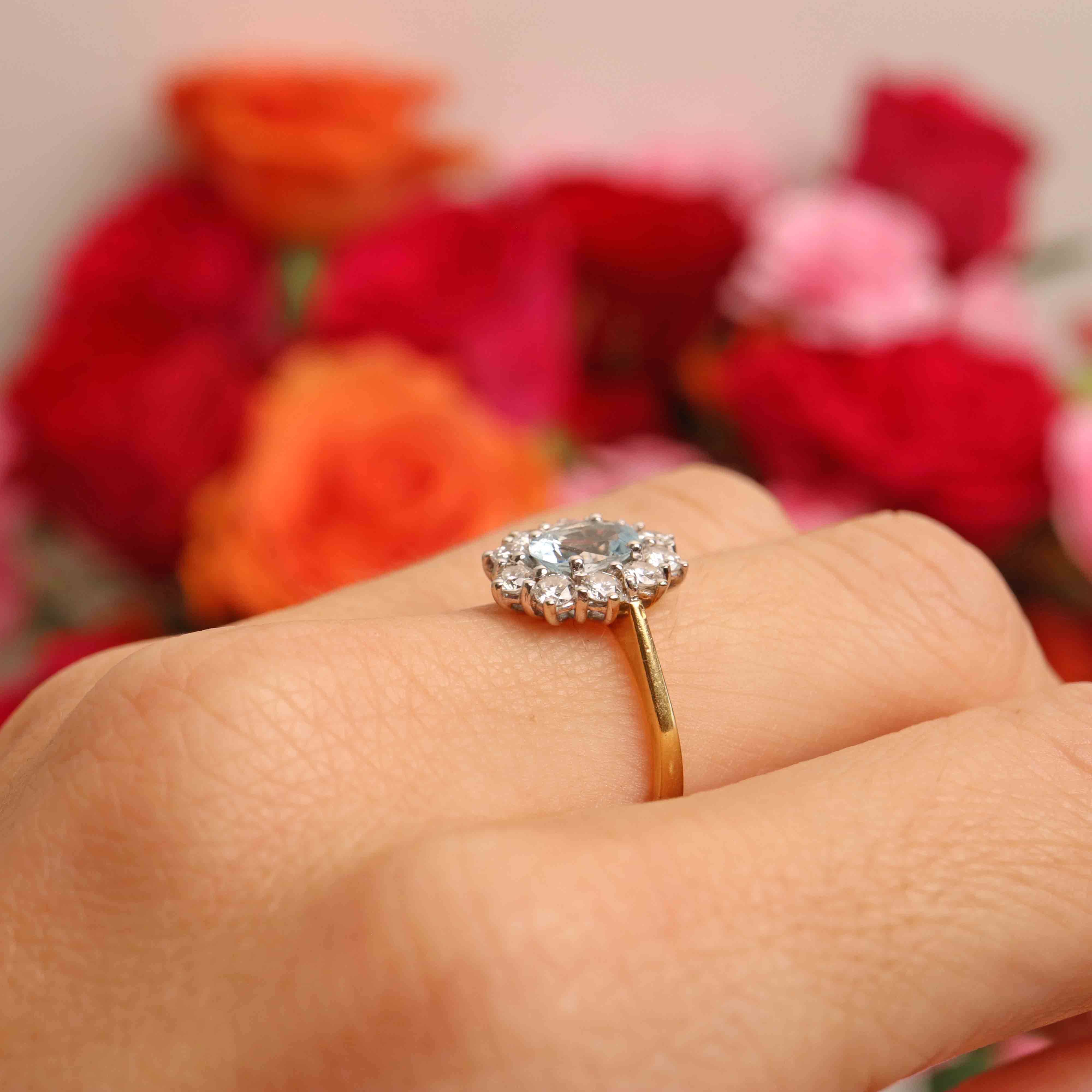 Ellibelle Jewellery Vintage 1987 Aquamarine & Diamond 18ct Gold Cluster Ring