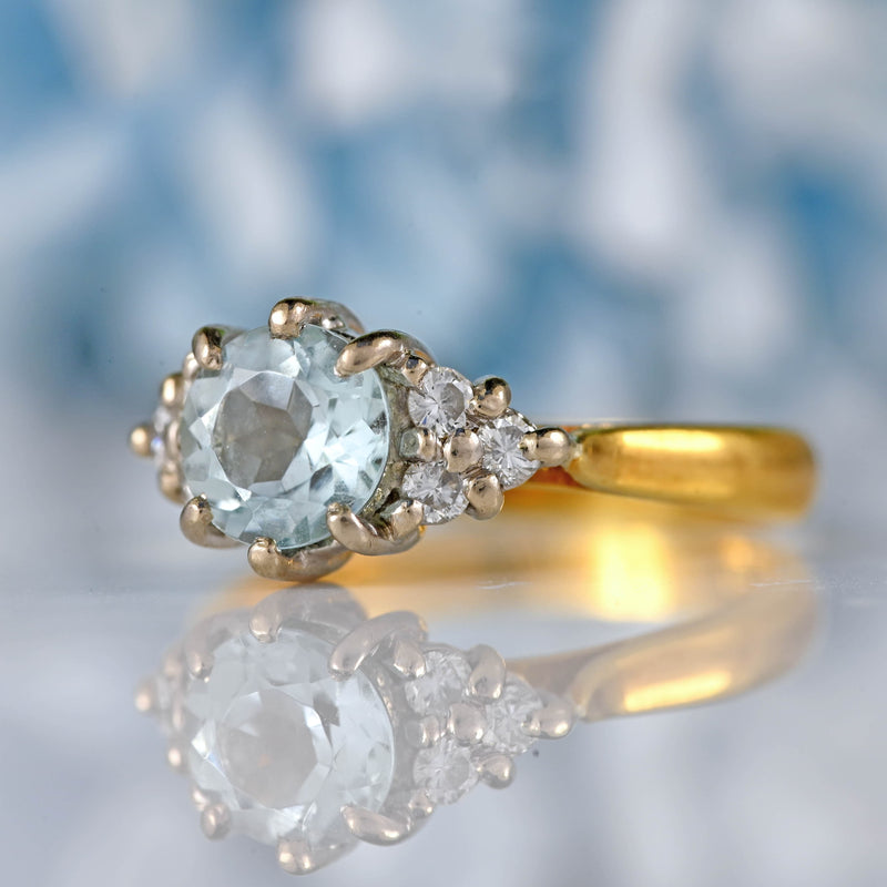 Ellibelle Jewellery Vintage 1987 Aquamarine & Diamond 18ct Gold Seven-Stone Ring