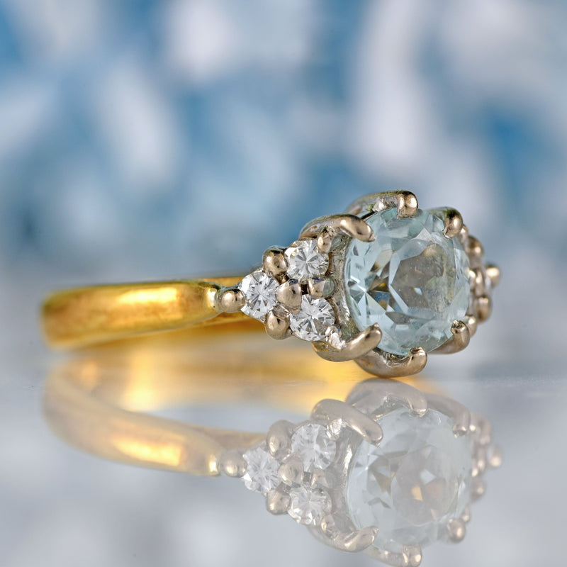 Ellibelle Jewellery Vintage 1987 Aquamarine & Diamond 18ct Gold Seven-Stone Ring