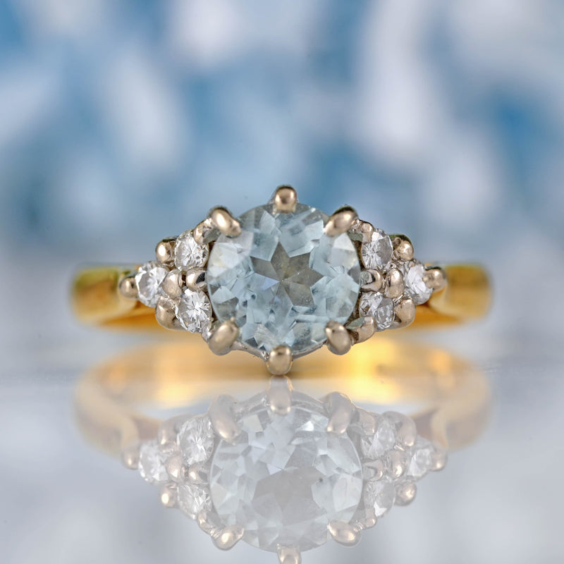 Ellibelle Jewellery Vintage 1987 Aquamarine & Diamond 18ct Gold Seven-Stone Ring