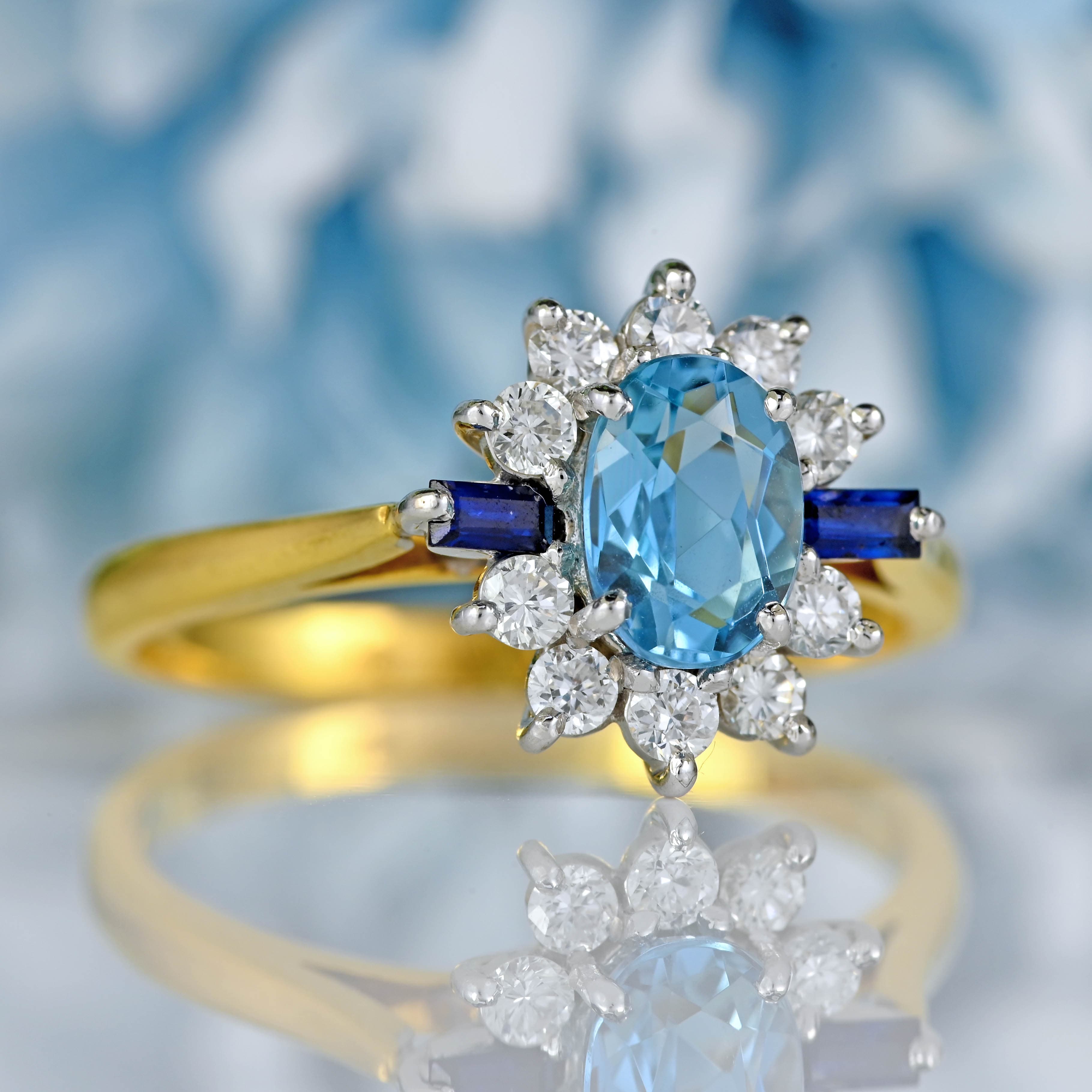 Ellibelle Jewellery Vintage 1987 Aquamarine, Sapphire & Diamond 18ct Gold Cluster Ring