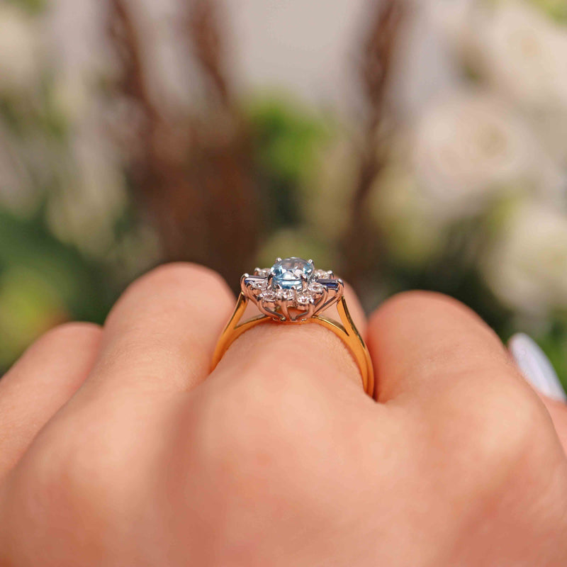 Ellibelle Jewellery Vintage 1987 Aquamarine, Sapphire & Diamond 18ct Gold Cluster Ring