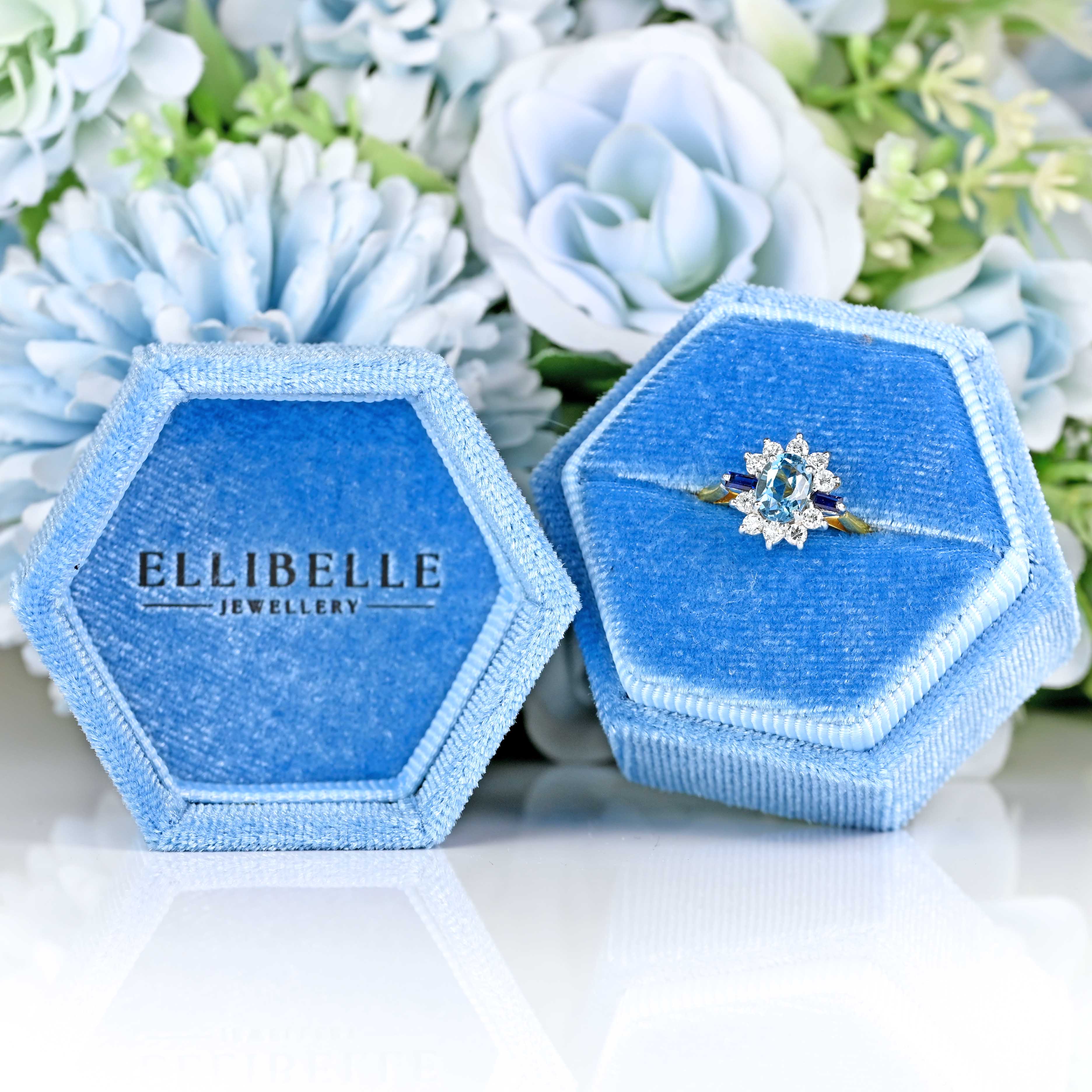 Ellibelle Jewellery Vintage 1987 Aquamarine, Sapphire & Diamond 18ct Gold Cluster Ring