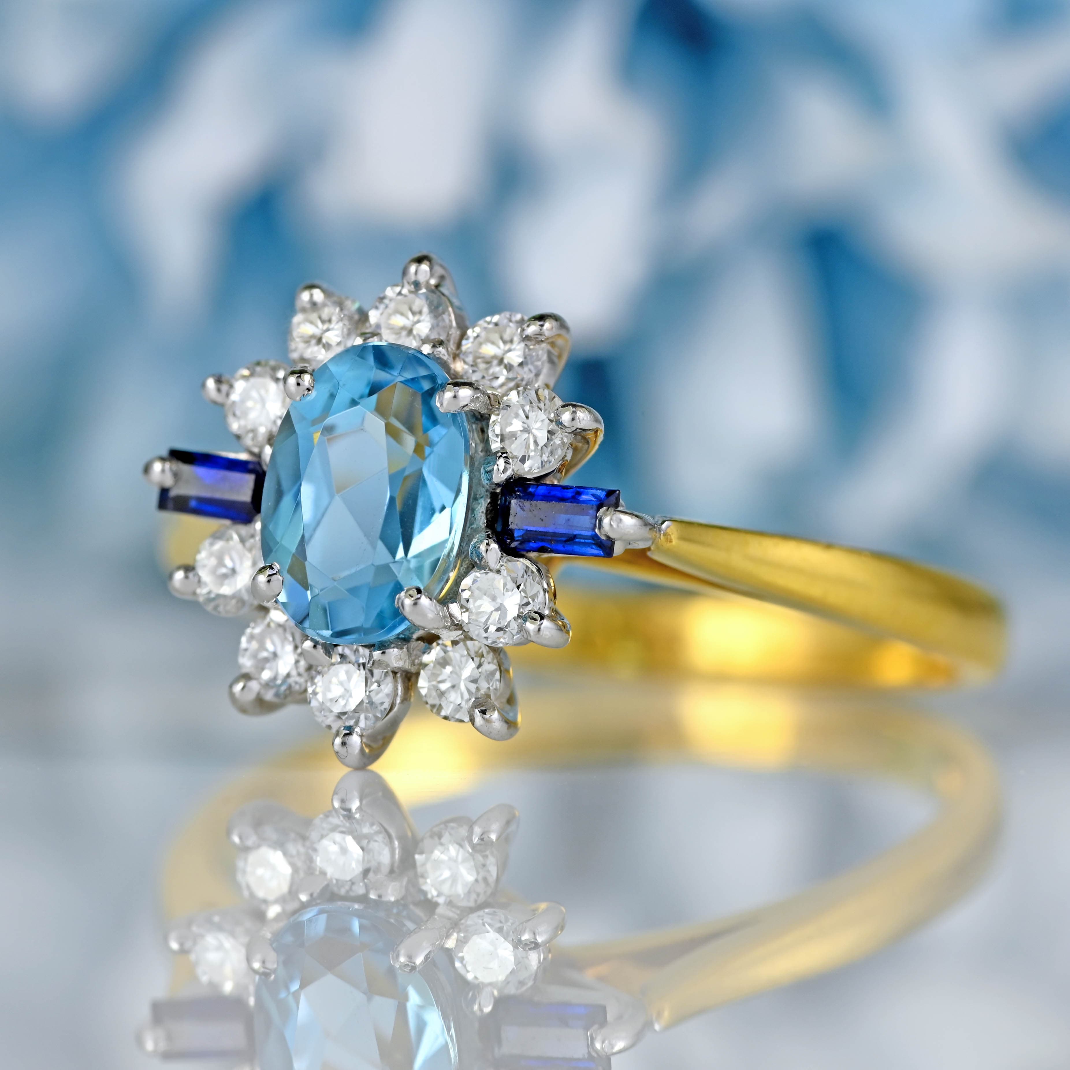 Ellibelle Jewellery Vintage 1987 Aquamarine, Sapphire & Diamond 18ct Gold Cluster Ring