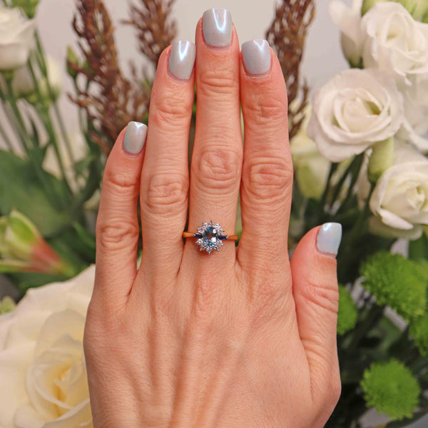 Ellibelle Jewellery Vintage 1987 Aquamarine, Sapphire & Diamond 18ct Gold Cluster Ring