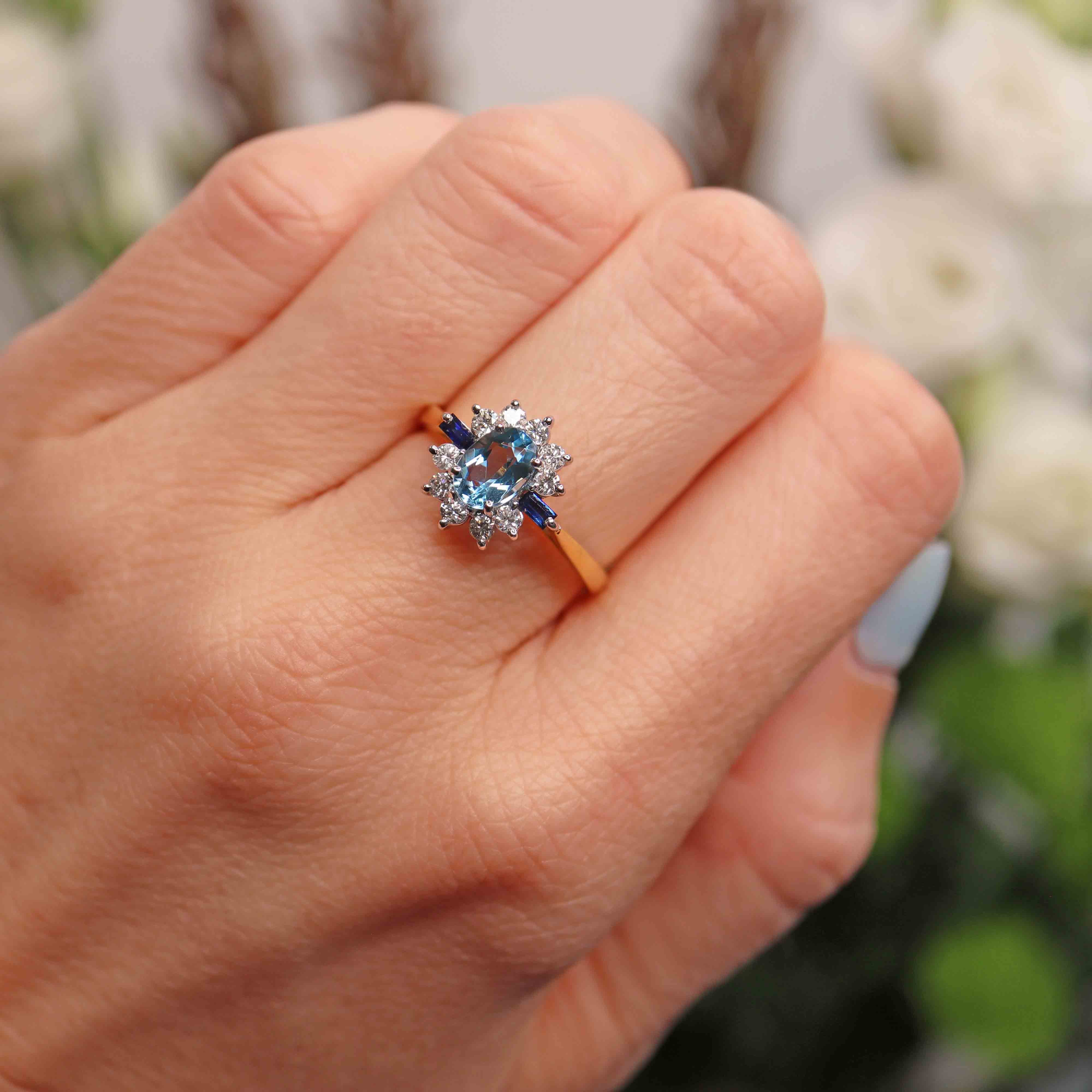 Ellibelle Jewellery Vintage 1987 Aquamarine, Sapphire & Diamond 18ct Gold Cluster Ring