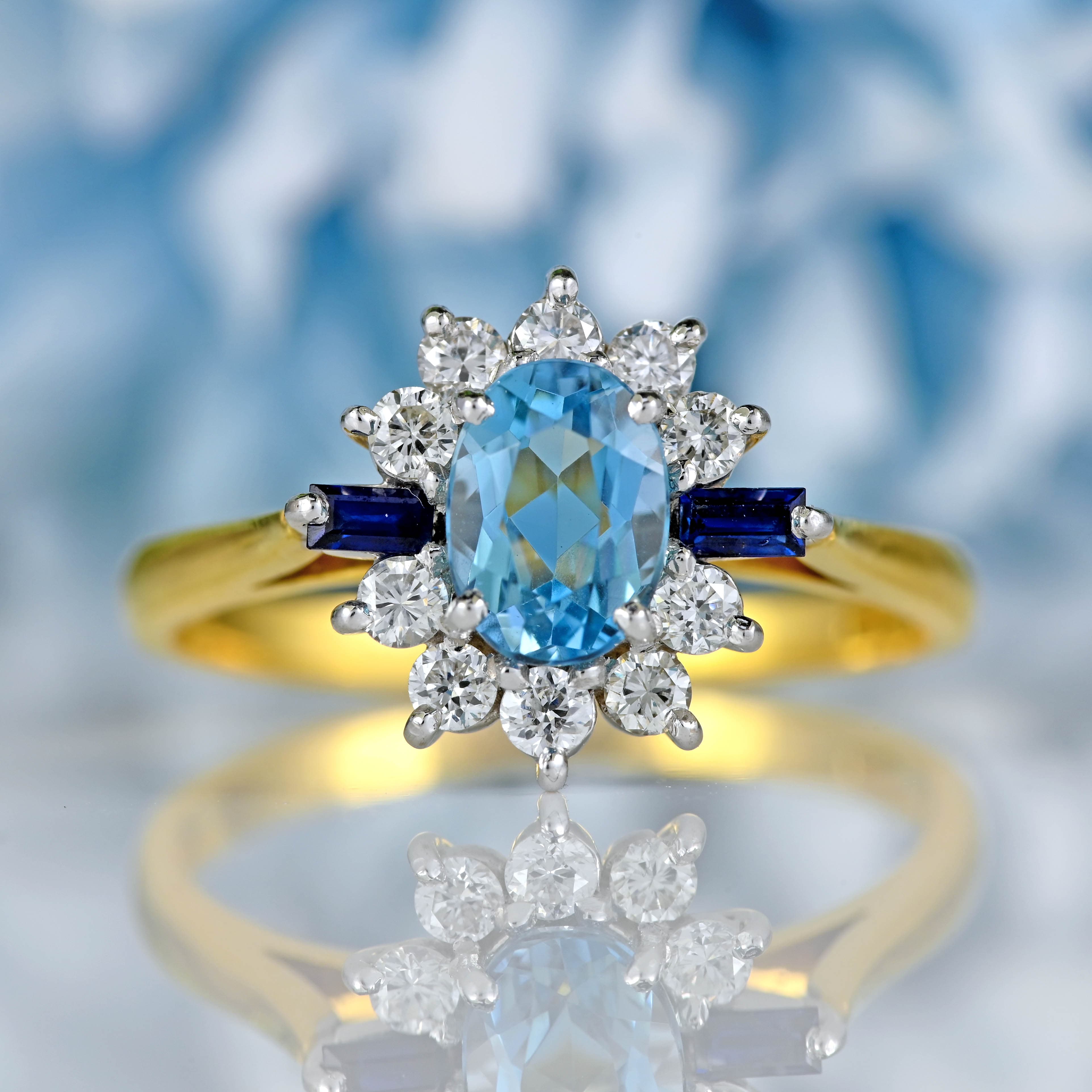 Ellibelle Jewellery Vintage 1987 Aquamarine, Sapphire & Diamond 18ct Gold Cluster Ring