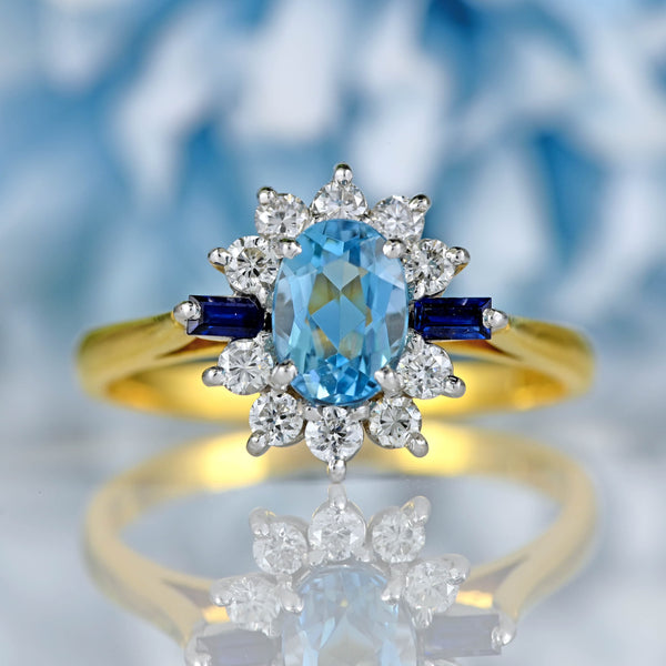 Ellibelle Jewellery Vintage 1987 Aquamarine, Sapphire & Diamond 18ct Gold Cluster Ring
