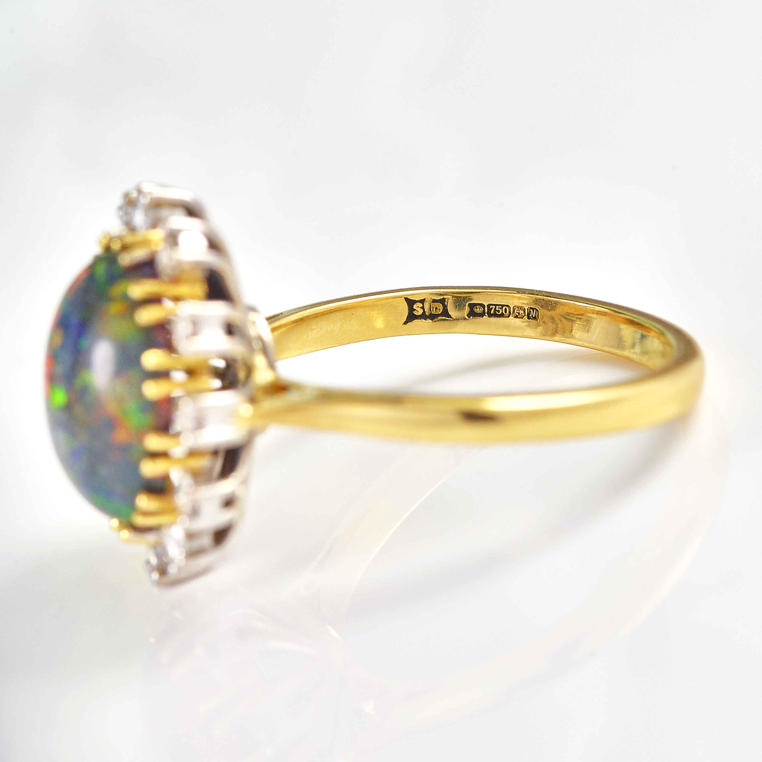 Ellibelle Jewellery Vintage 1987 Black Opal & Diamond 18ct Gold Cluster Ring