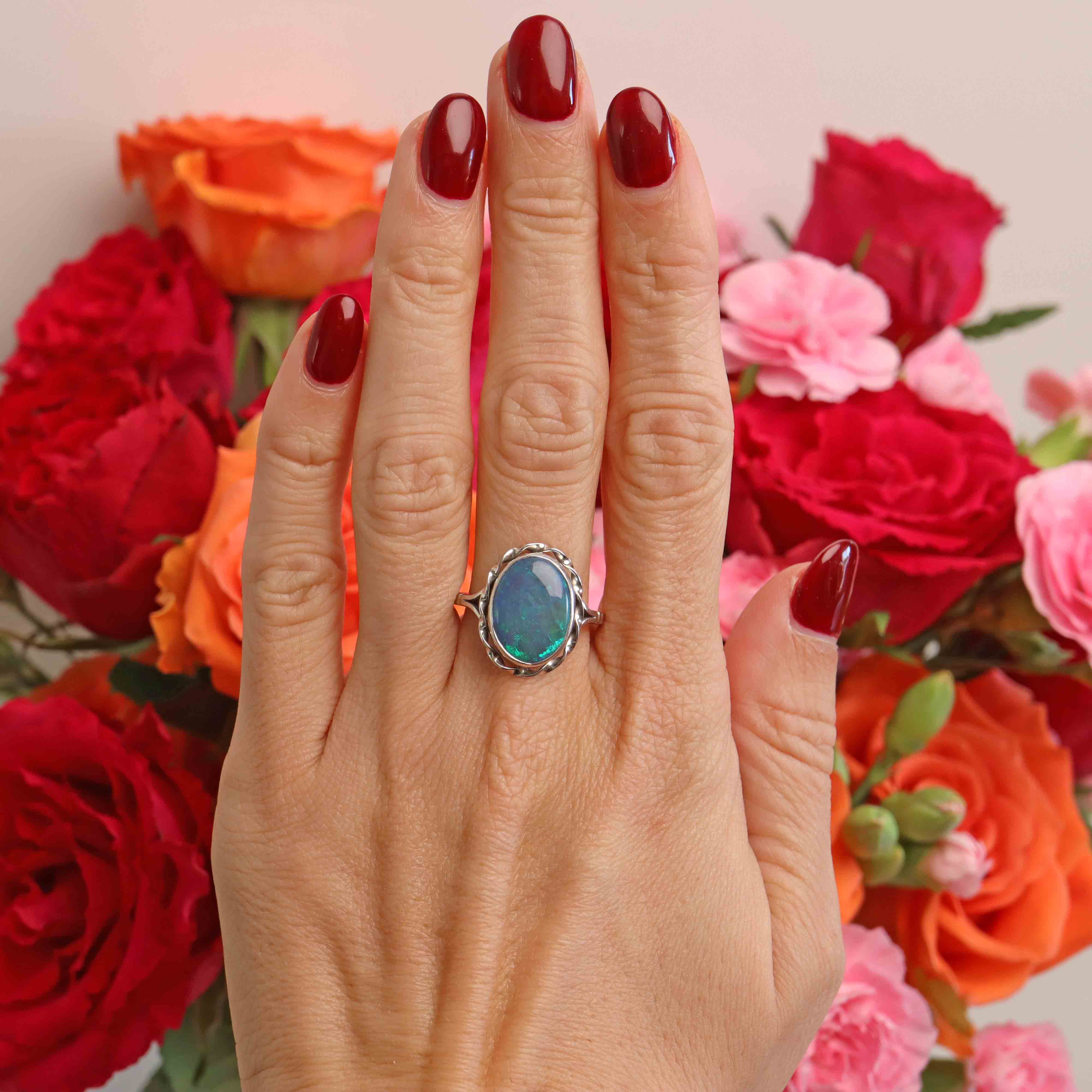 Ellibelle Jewellery Vintage 1987 Black Opal Doublet 18ct White Gold Ring