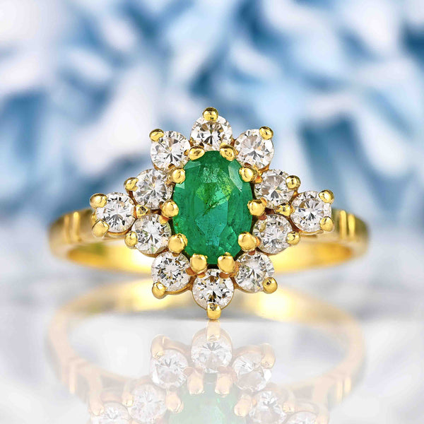 Ellibelle Jewellery Vintage 1987 Emerald & Diamond 18ct Gold Cluster Ring (0.75ct)