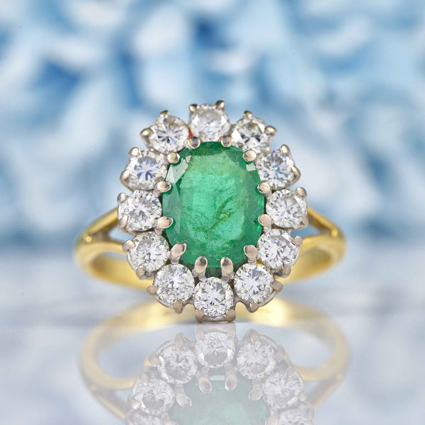 Ellibelle Jewellery Vintage 1987 Emerald & Diamond 18ct Gold Cluster Ring