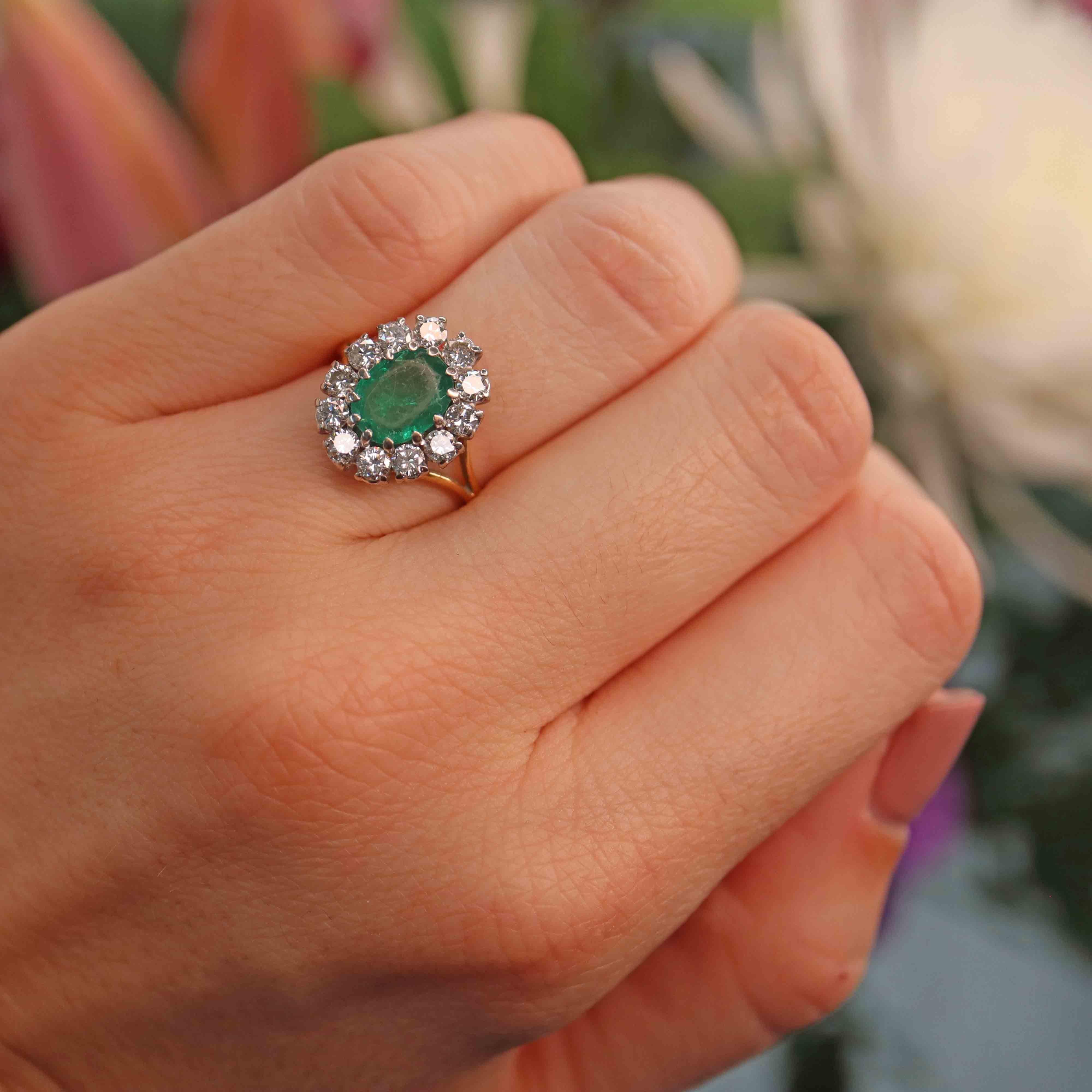 Ellibelle Jewellery Vintage 1987 Emerald & Diamond 18ct Gold Cluster Ring