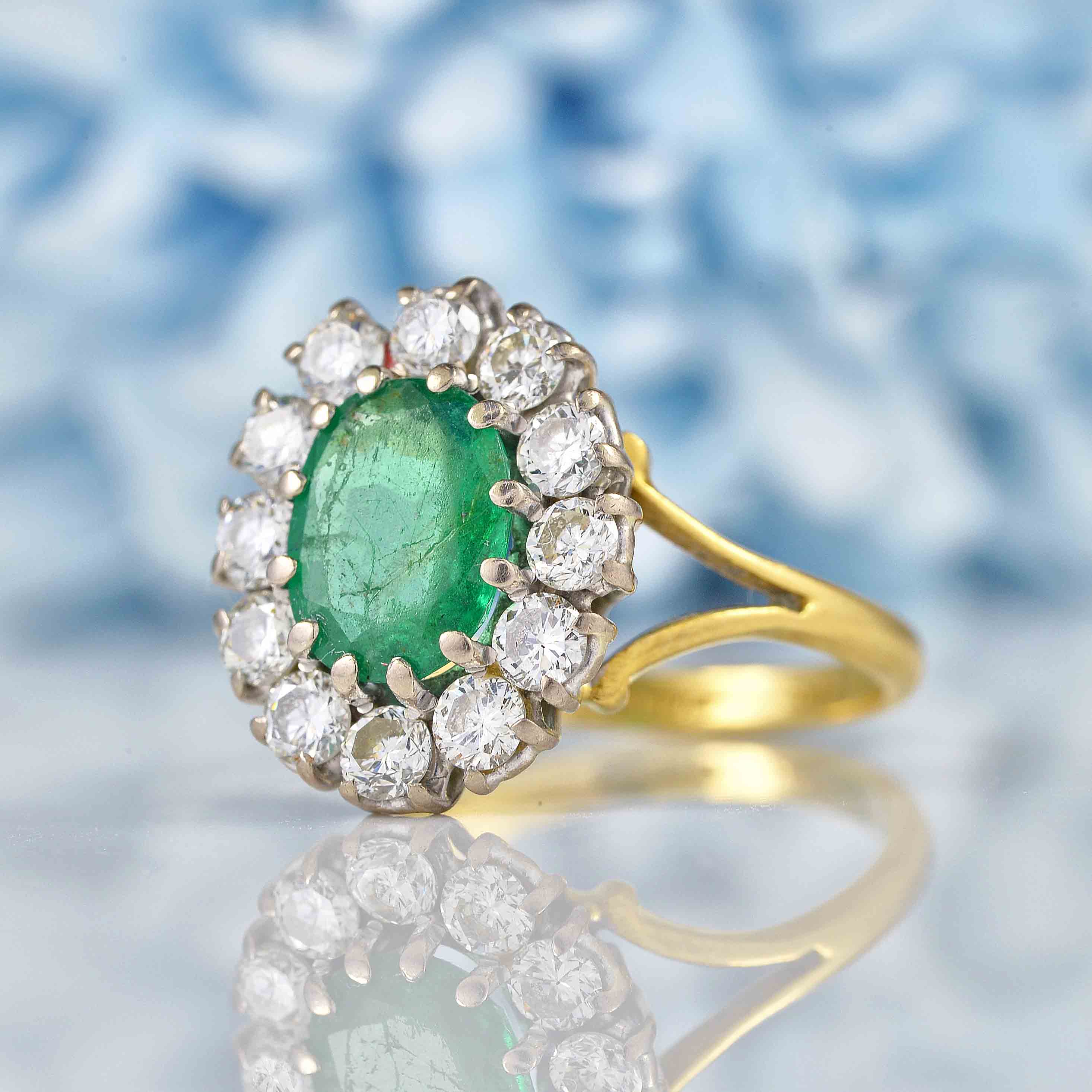 Ellibelle Jewellery Vintage 1987 Emerald & Diamond 18ct Gold Cluster Ring