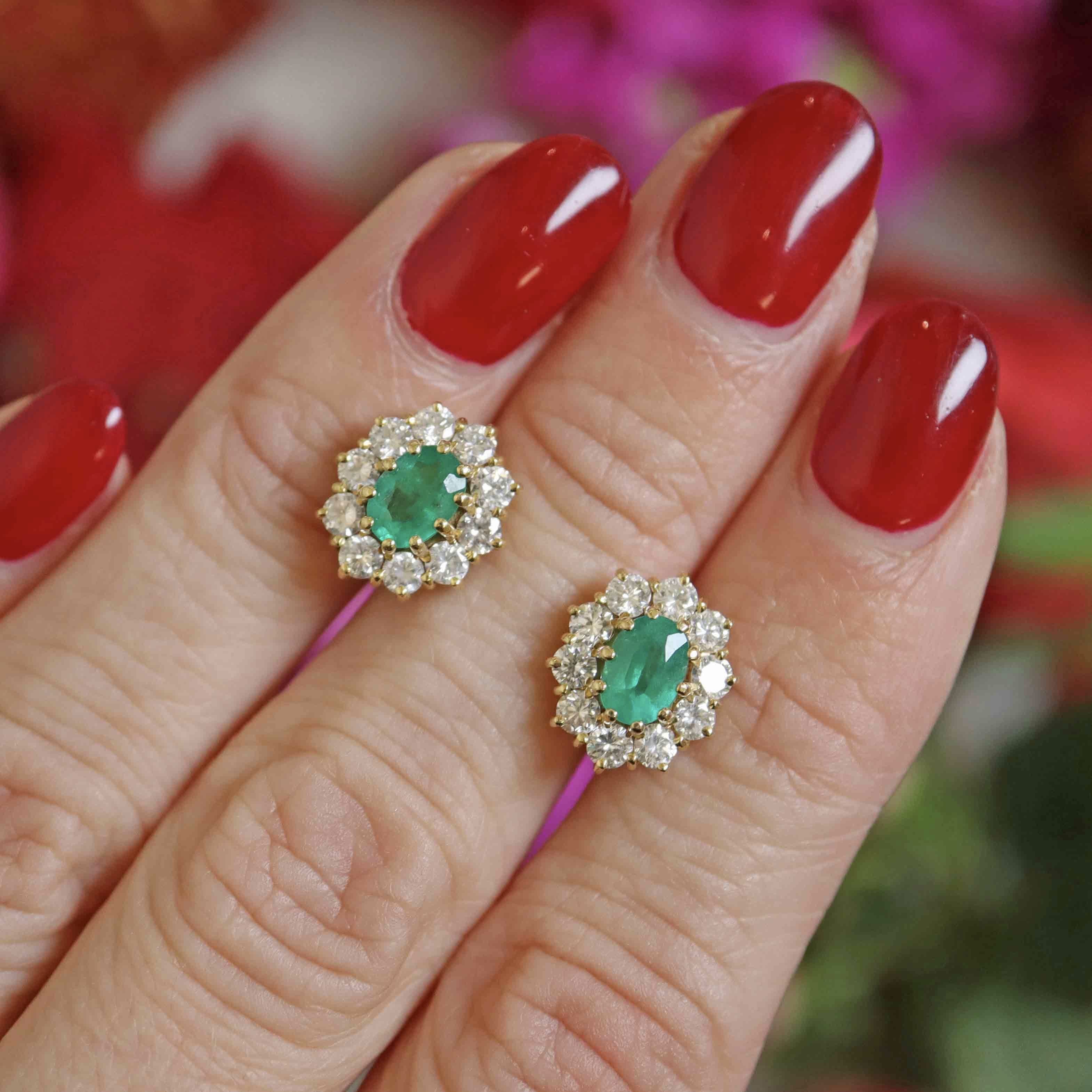 Ellibelle Jewellery Vintage 1987 Emerald & Diamond 18ct Gold Cluster Stud Earrings