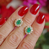 Ellibelle Jewellery Vintage 1987 Emerald & Diamond 18ct Gold Cluster Stud Earrings