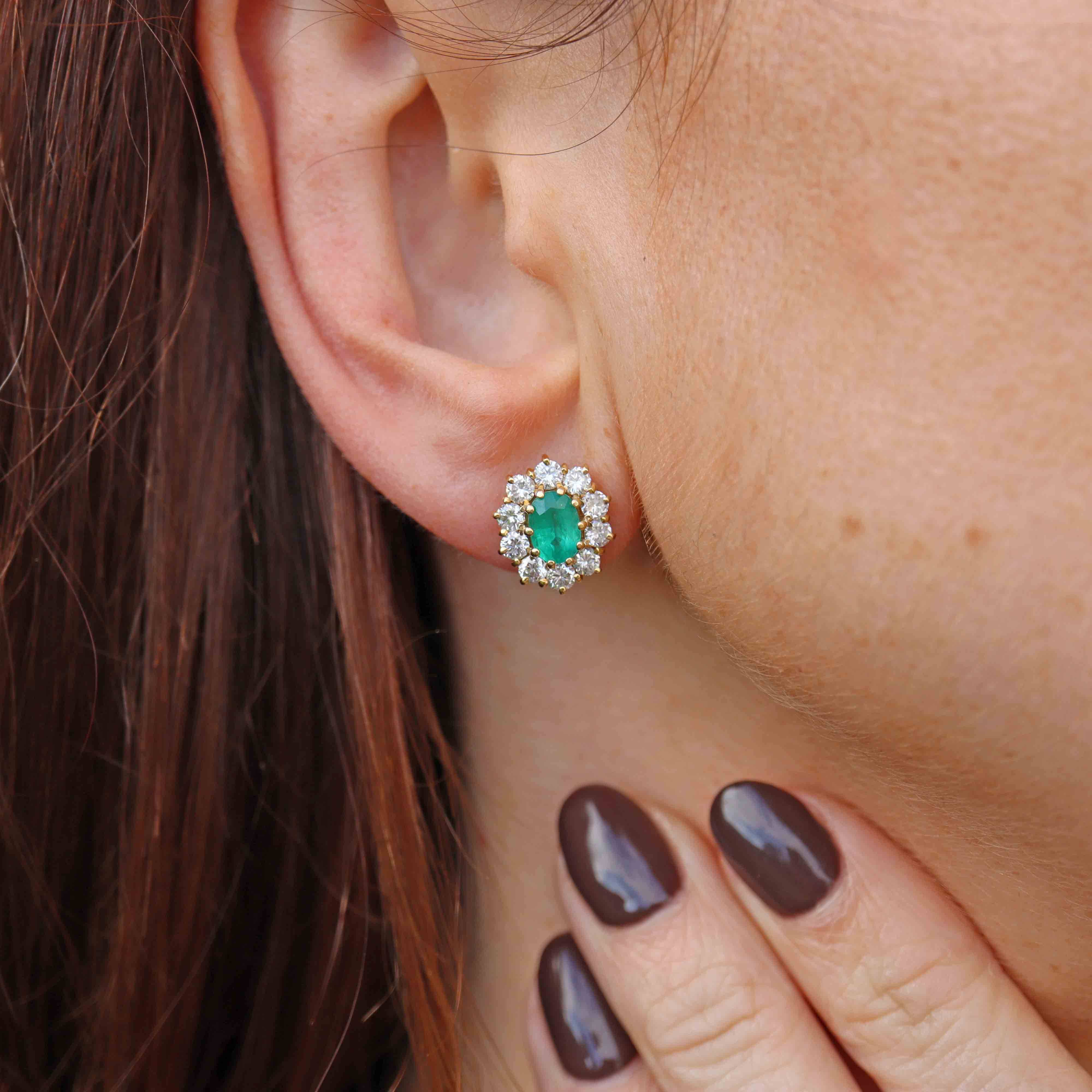 Ellibelle Jewellery Vintage 1987 Emerald & Diamond 18ct Gold Cluster Stud Earrings