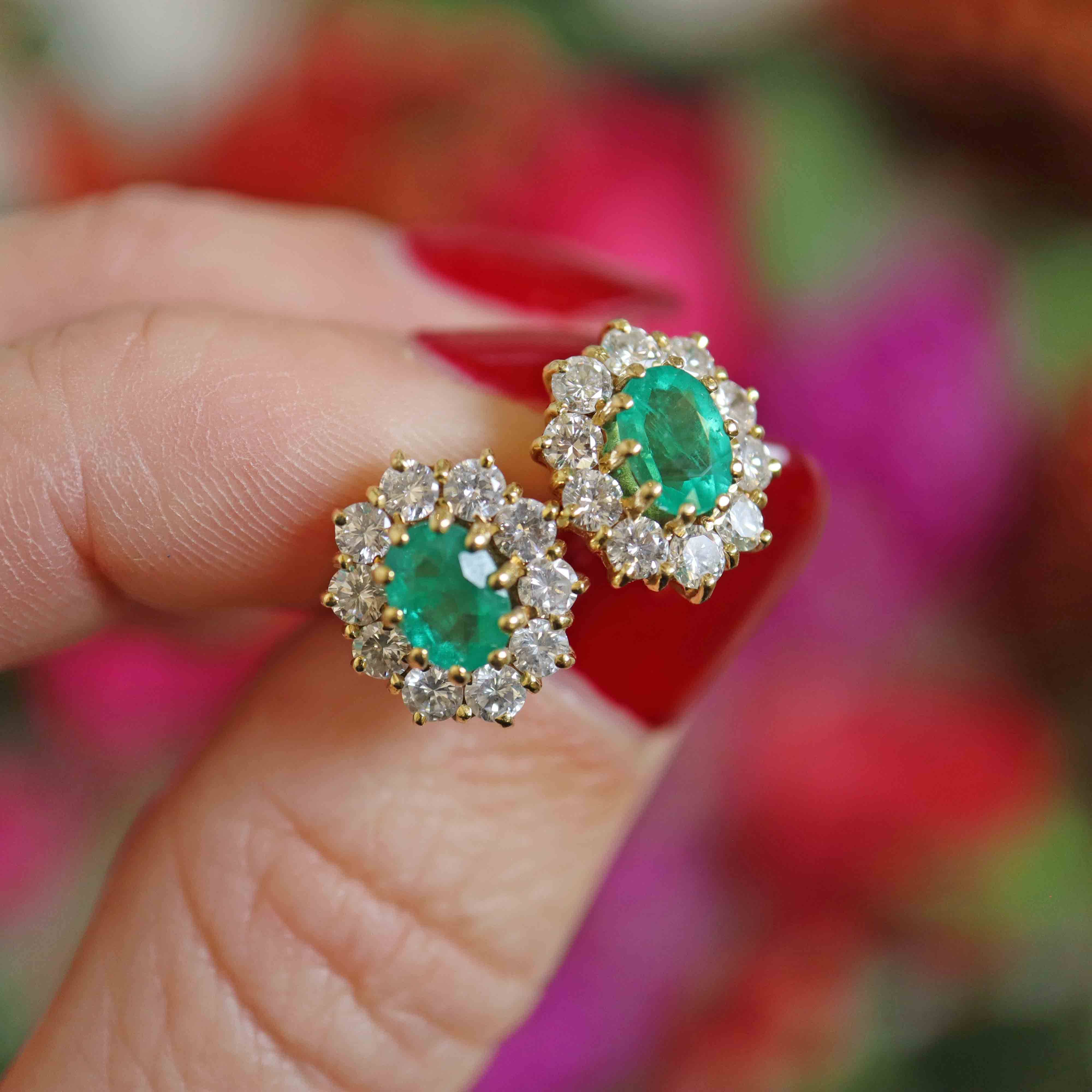 Ellibelle Jewellery Vintage 1987 Emerald & Diamond 18ct Gold Cluster Stud Earrings