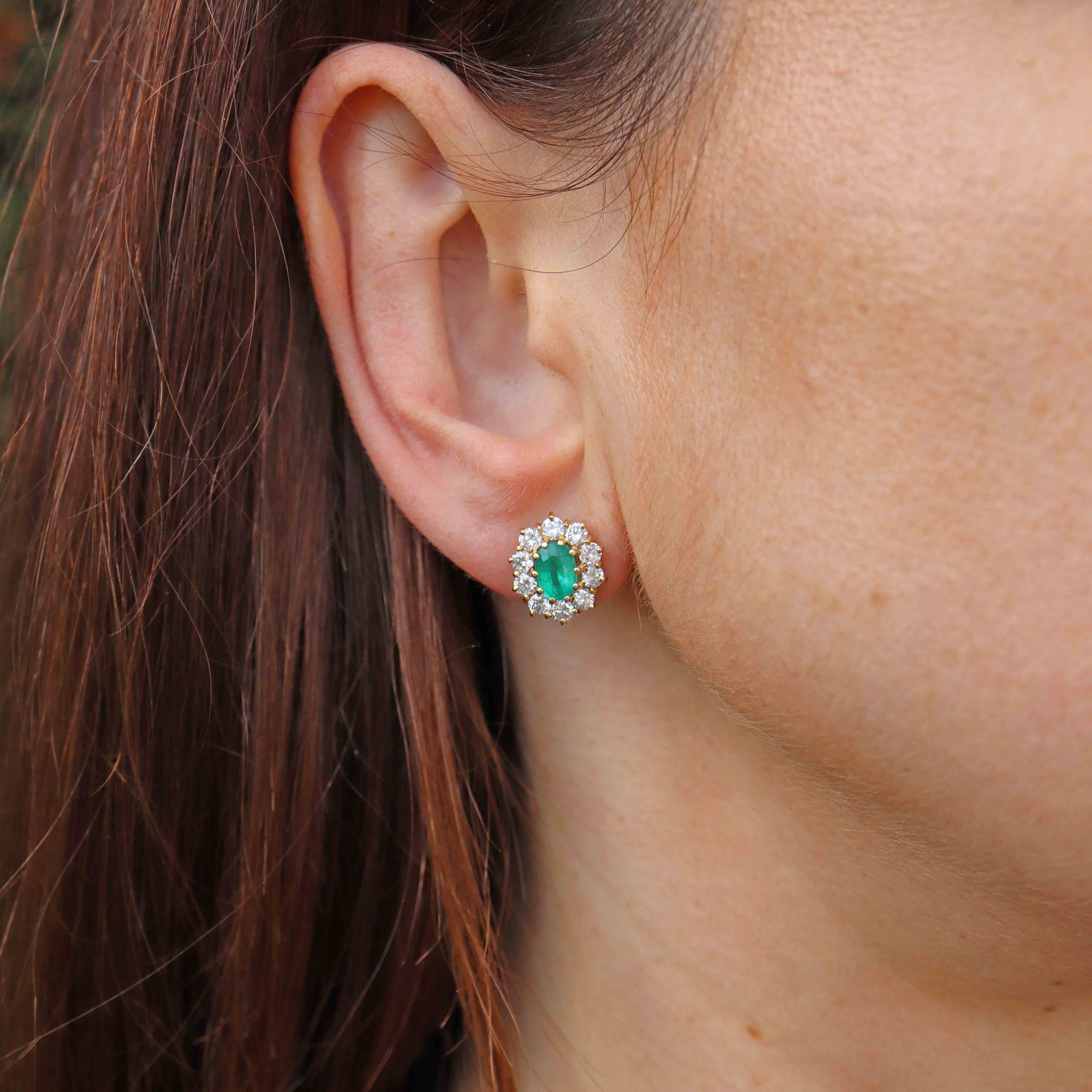 Ellibelle Jewellery Vintage 1987 Emerald & Diamond 18ct Gold Cluster Stud Earrings