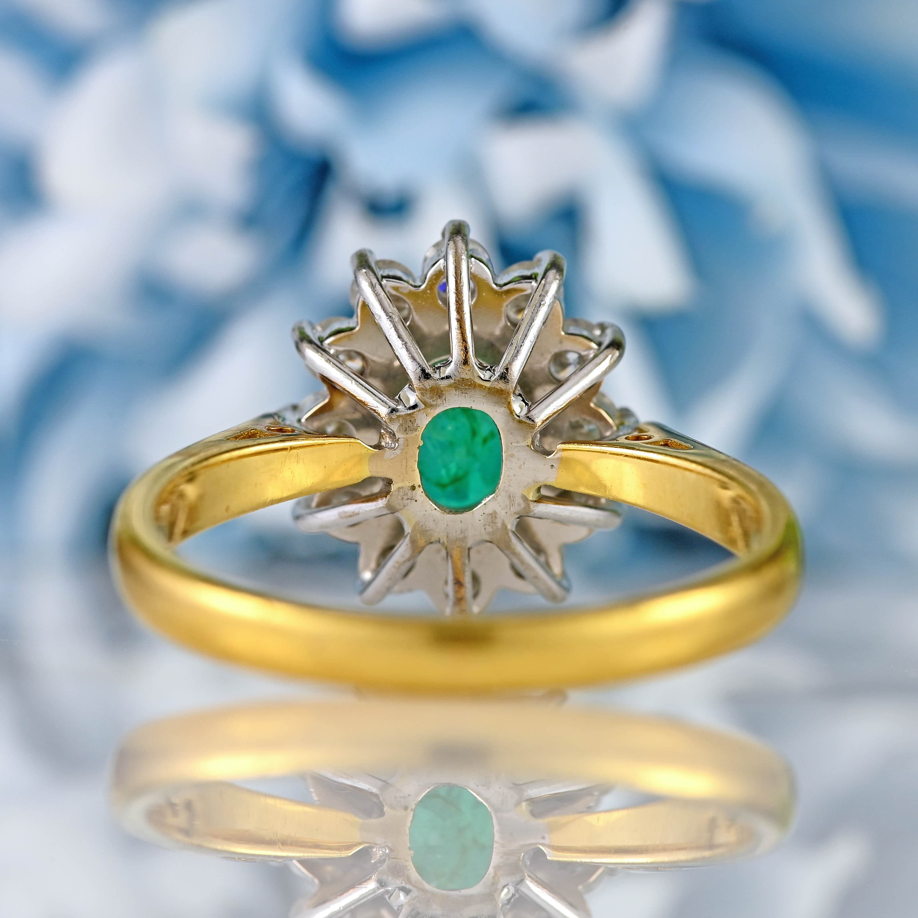 Ellibelle Jewellery Vintage 1987 Emerald & Diamond 18ct Gold Oval Cluster Ring (0.70cts)