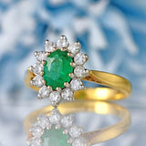 Ellibelle Jewellery Vintage 1987 Emerald & Diamond 18ct Gold Oval Cluster Ring (0.70cts)