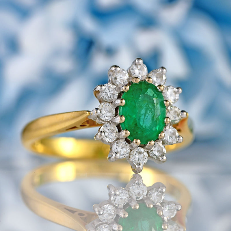 Ellibelle Jewellery Vintage 1987 Emerald & Diamond 18ct Gold Oval Cluster Ring (0.70cts)