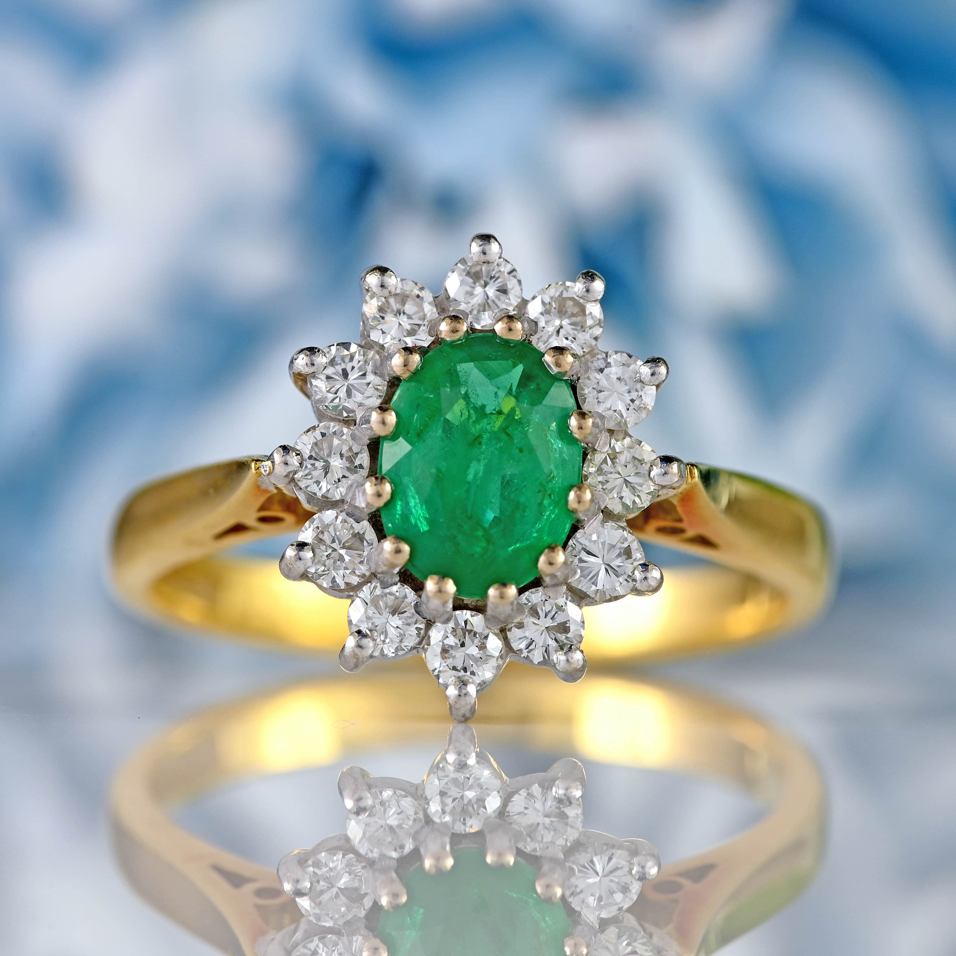 Ellibelle Jewellery Vintage 1987 Emerald & Diamond 18ct Gold Oval Cluster Ring (0.70cts)