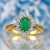Ellibelle Jewellery Vintage 1987 Emerald & Diamond 18ct Gold Oval Cluster Ring (0.70cts)