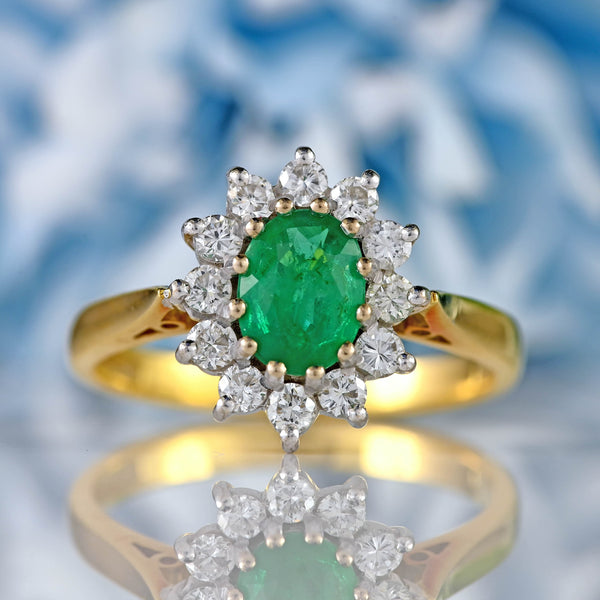 Ellibelle Jewellery Vintage 1987 Emerald & Diamond 18ct Gold Oval Cluster Ring (0.70cts)