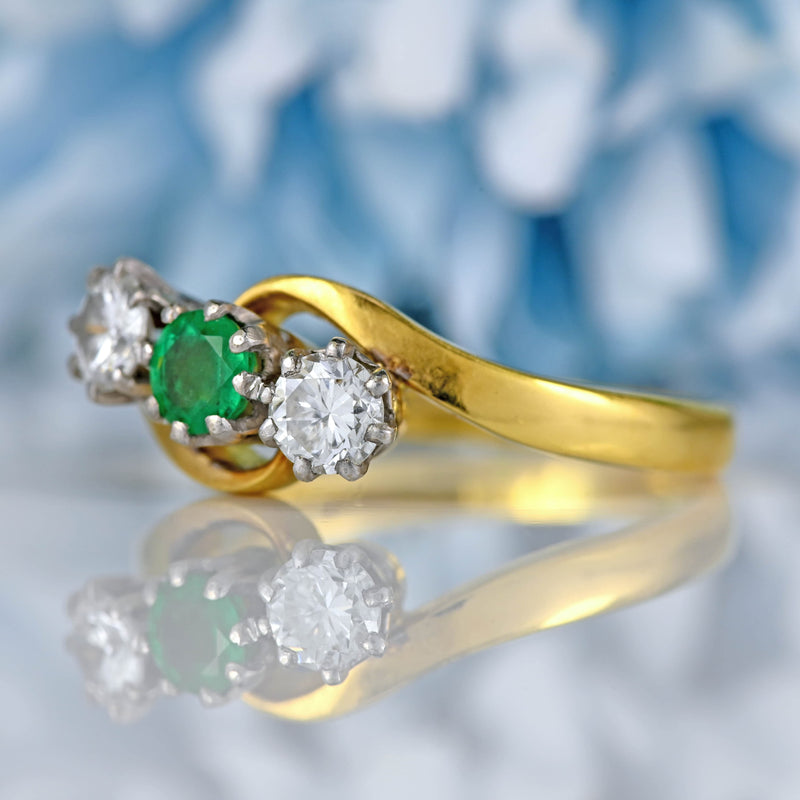 Ellibelle Jewellery Vintage 1987 Emerald & Diamond 18ct Gold Three-Stone Crossover Ring
