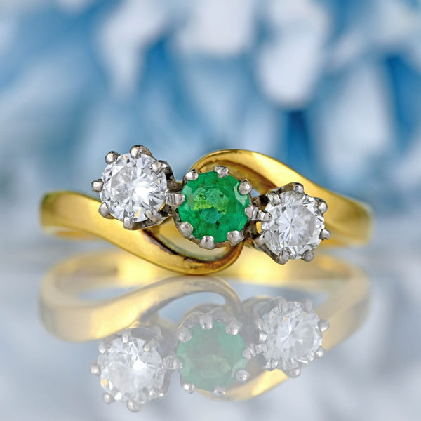 Ellibelle Jewellery Vintage 1987 Emerald & Diamond 18ct Gold Three-Stone Crossover Ring