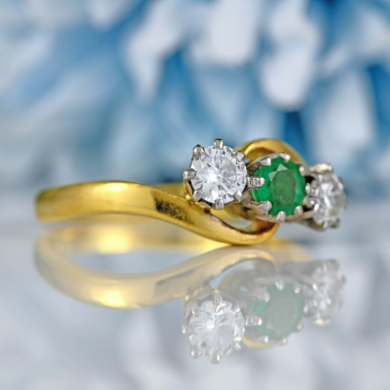 Ellibelle Jewellery Vintage 1987 Emerald & Diamond 18ct Gold Three-Stone Crossover Ring