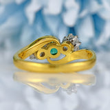 Ellibelle Jewellery Vintage 1987 Emerald & Diamond 18ct Gold Three-Stone Crossover Ring
