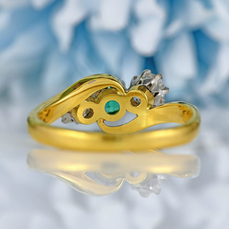 Ellibelle Jewellery Vintage 1987 Emerald & Diamond 18ct Gold Three-Stone Crossover Ring
