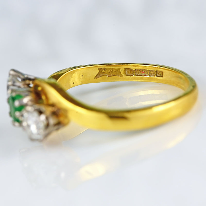 Ellibelle Jewellery Vintage 1987 Emerald & Diamond 18ct Gold Three-Stone Crossover Ring