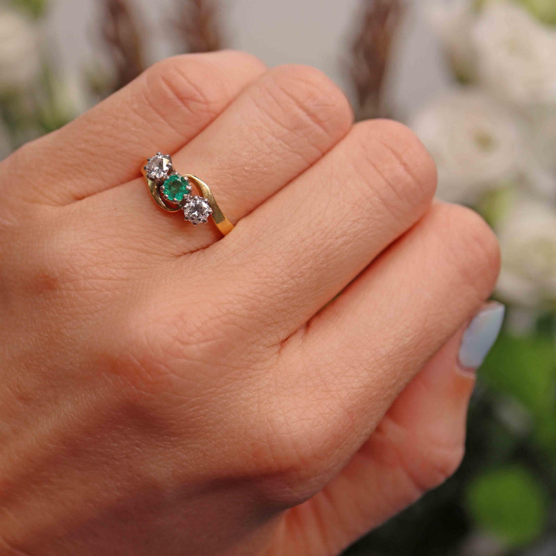 Ellibelle Jewellery Vintage 1987 Emerald & Diamond 18ct Gold Three-Stone Crossover Ring
