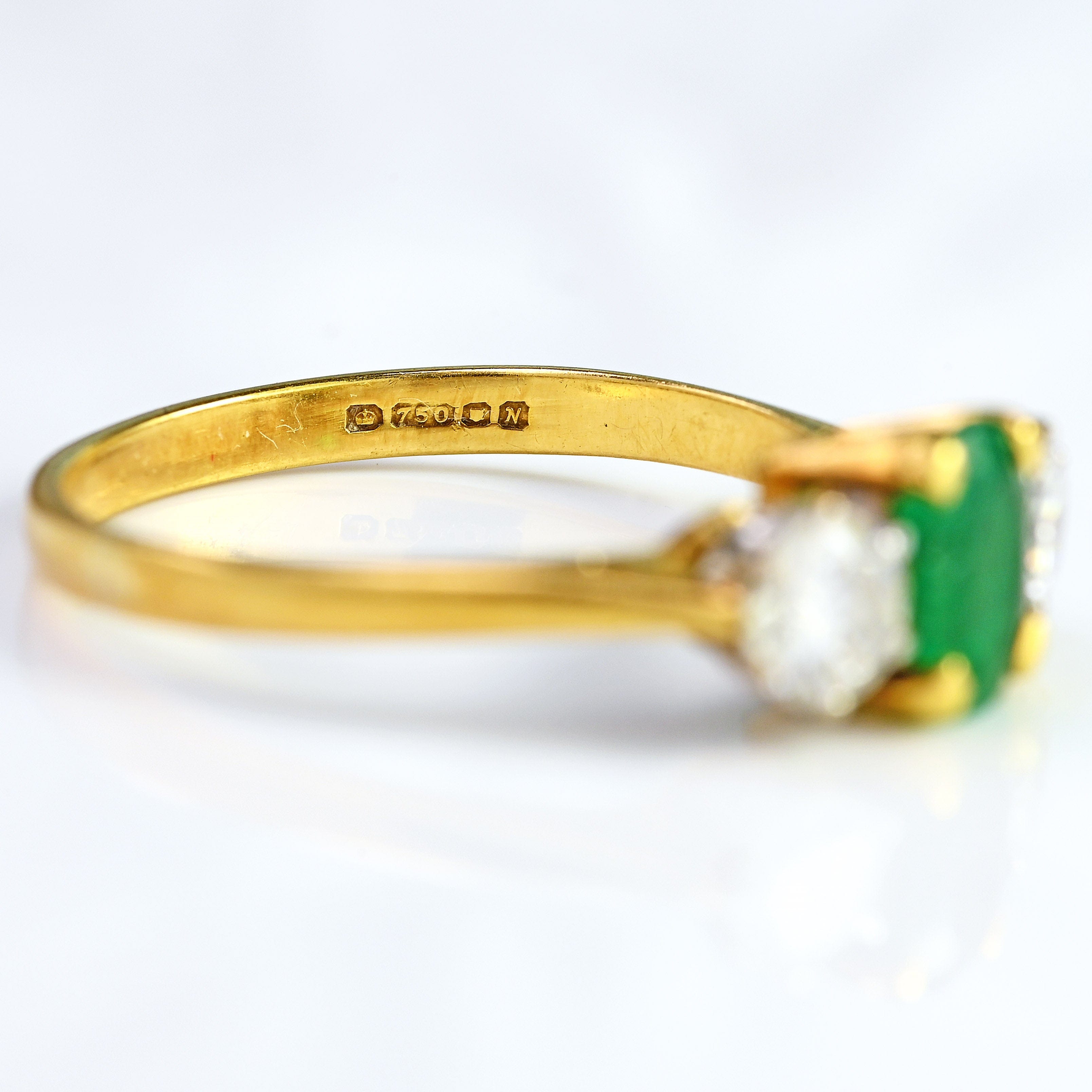 Ellibelle Jewellery Vintage 1987 Emerald & Diamond 18ct Gold Three-Stone Engagement Ring (0.85cts)