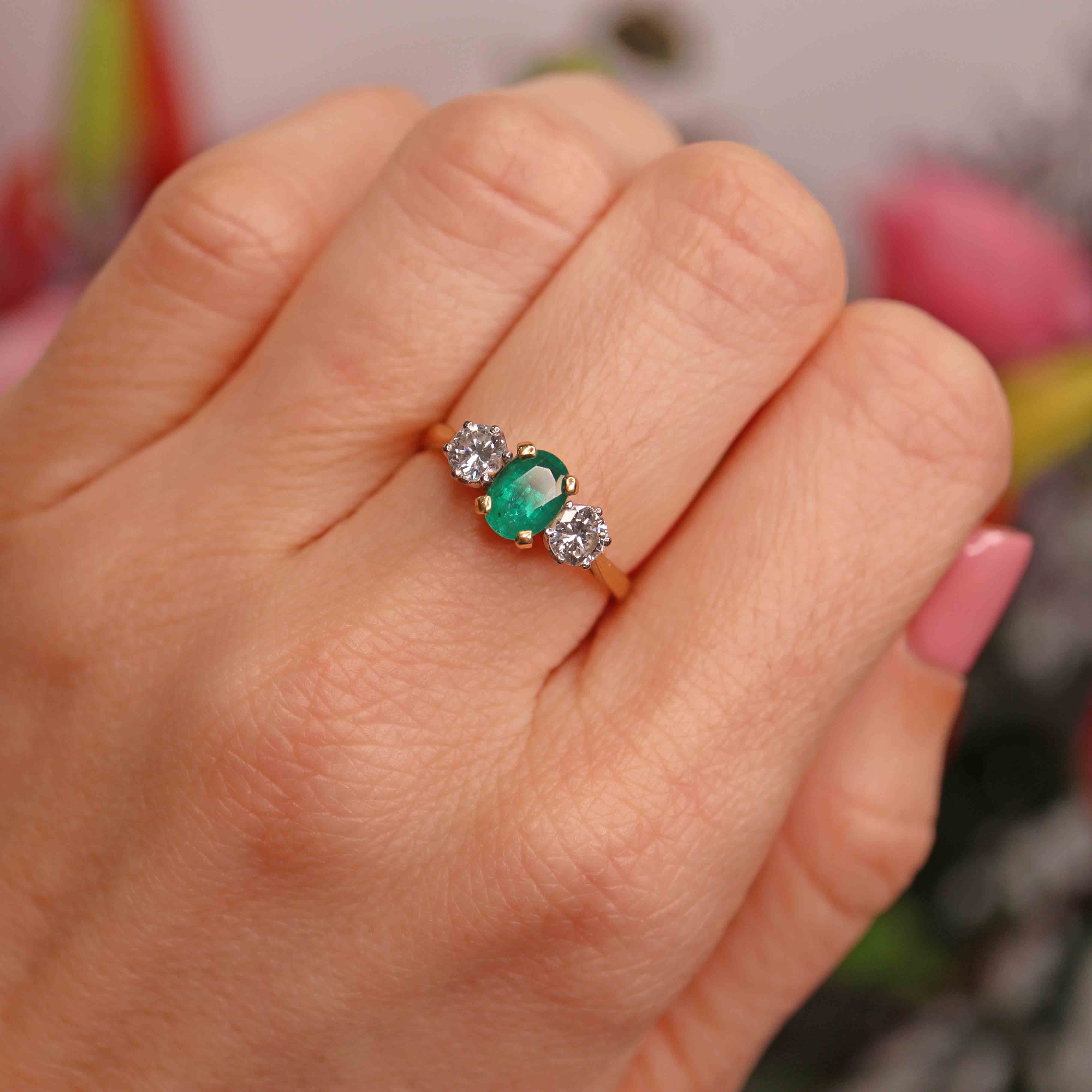 Ellibelle Jewellery Vintage 1987 Emerald & Diamond 18ct Gold Three-Stone Engagement Ring (0.85cts)