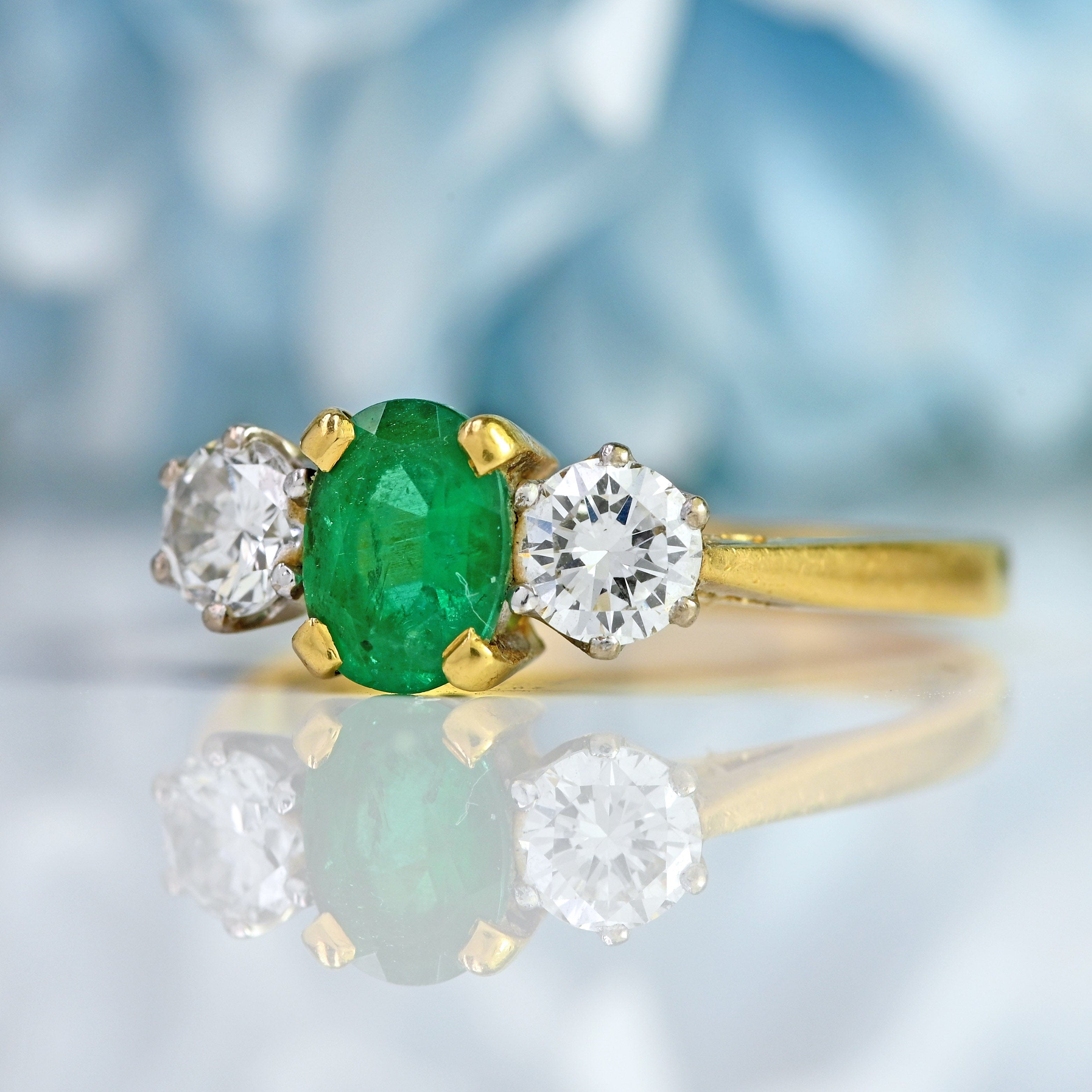 Ellibelle Jewellery Vintage 1987 Emerald & Diamond 18ct Gold Three-Stone Engagement Ring (0.85cts)