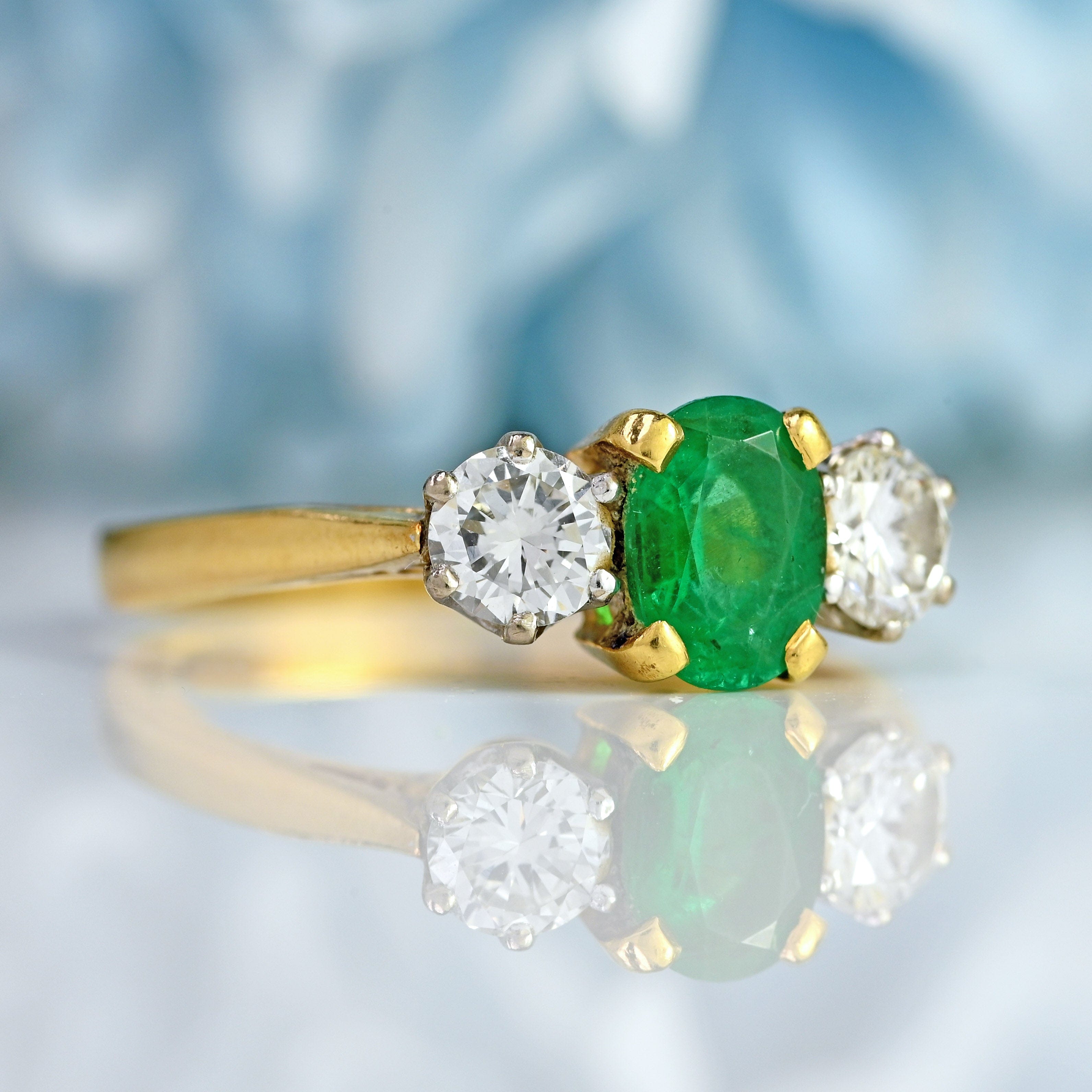 Ellibelle Jewellery Vintage 1987 Emerald & Diamond 18ct Gold Three-Stone Engagement Ring (0.85cts)